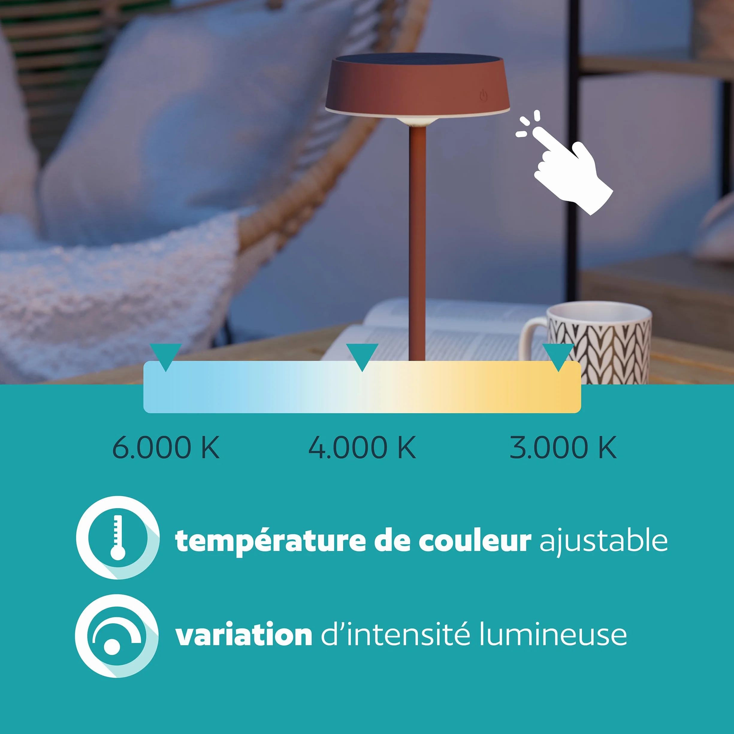 Eglo Lampe de table extérieure solaire sans fil Simeri LED rechargeable tactile intensité variable IP54 acier rouge