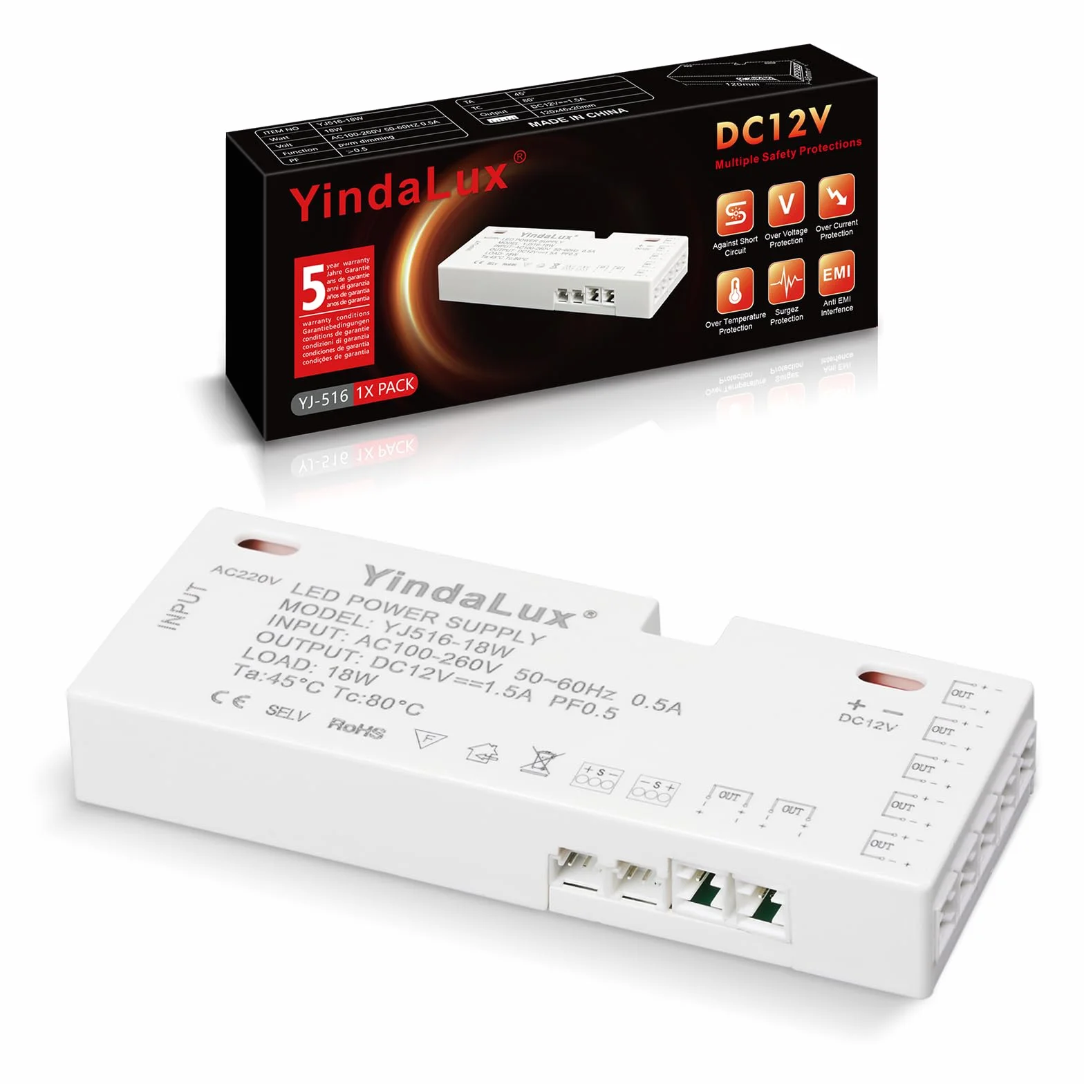 Transformateur 220V à 12V 1.5A LED Driver 18W, Convertisseur AC-DC pour Spots encastrés