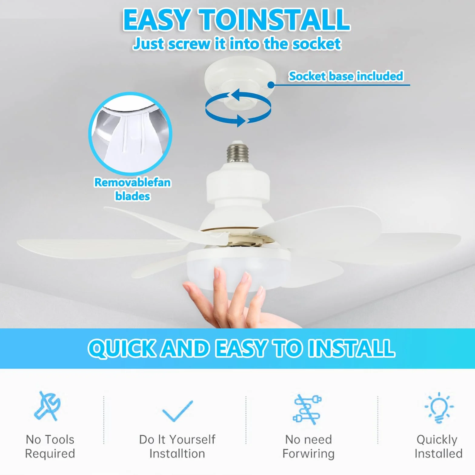 VHV Ventilateur de Plafond avec Lumière LED Dimmable 40W E27, 6 Pales, 3 Vitesses, Silencieux, Blanc