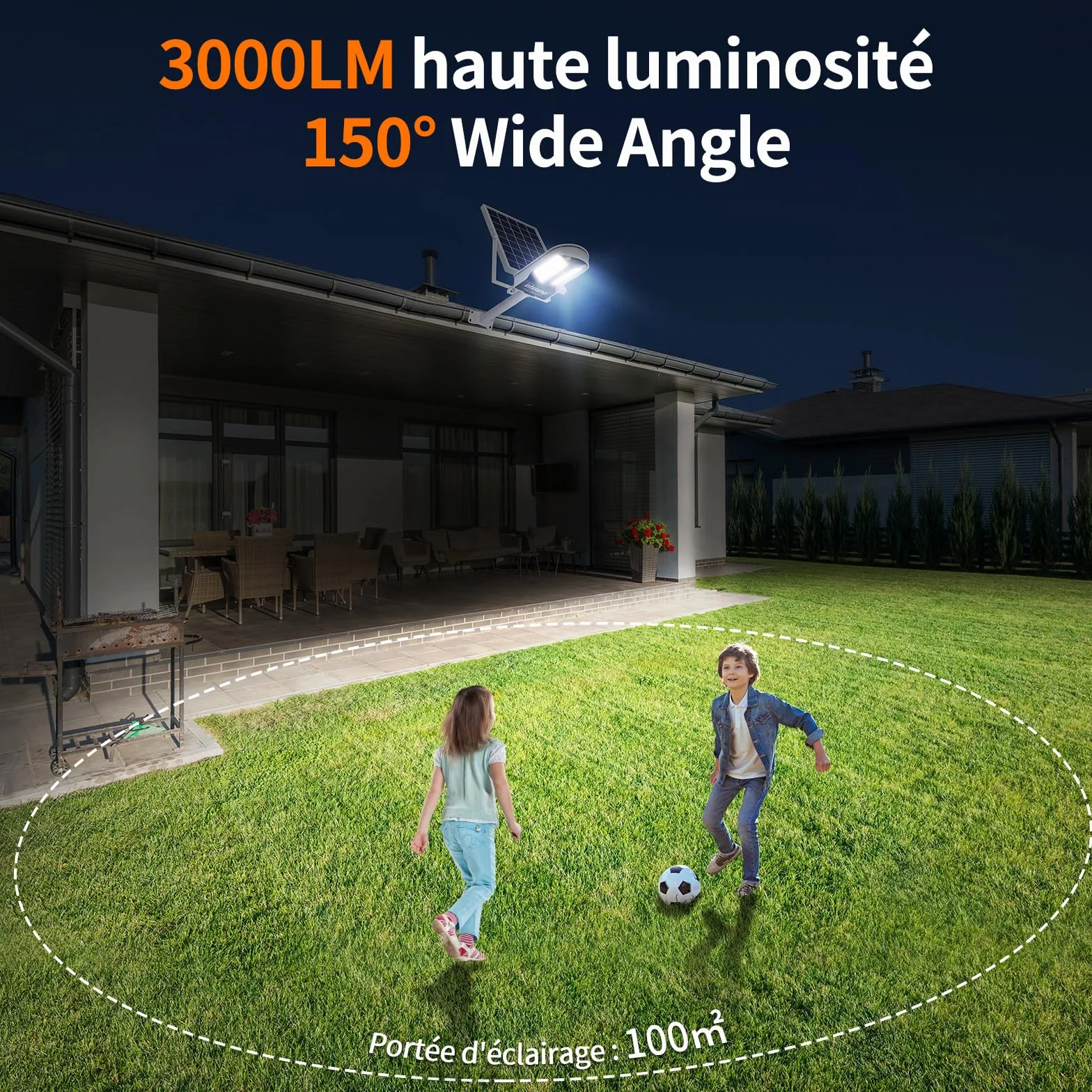intelamp Lampe Solaire Exterieur Double Capteurs 12500 mAh 3000 lm Projecteur Solaire Super Lumineux avec Télécommande 4 Modes