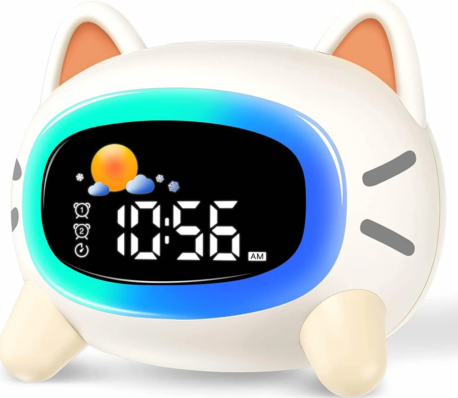Réveil Enfant Éducatif Jour/Nuit avec LED 5 Couleurs, 7 Musiques, Deux Alarmes, Rechargeable USB Chat