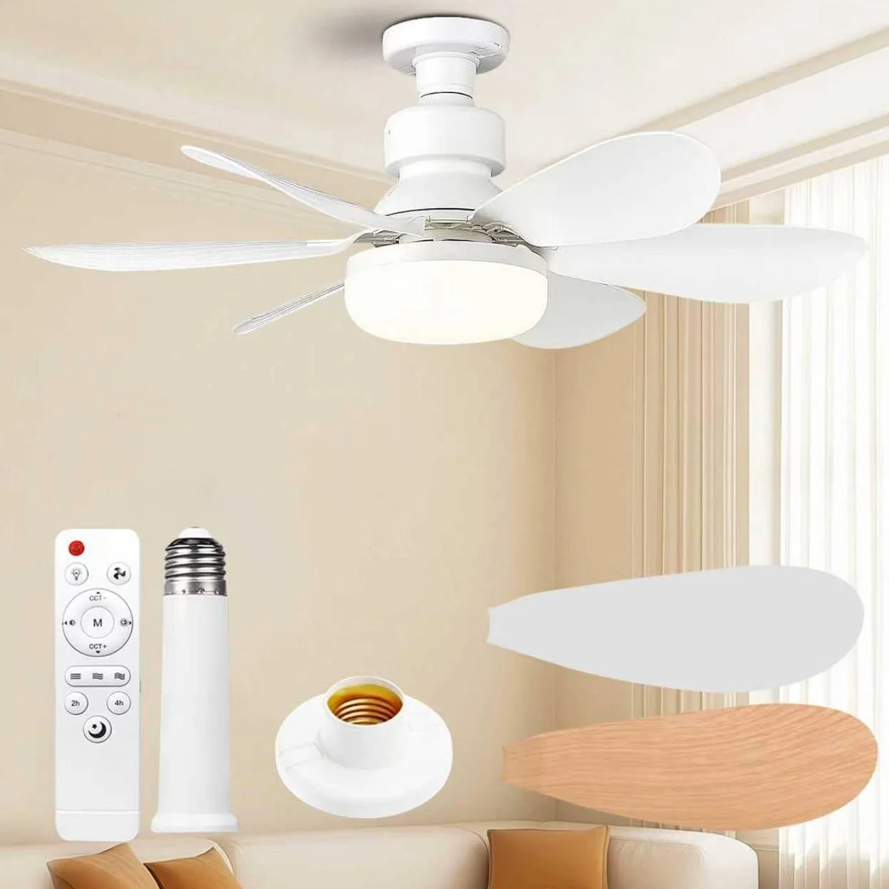 Ventilateur de Plafond avec Lumière Télécommande 52CM 30W 1800 Lumen 3000-6500K 3 Couleurs 3 Vitesses E27 Blanc