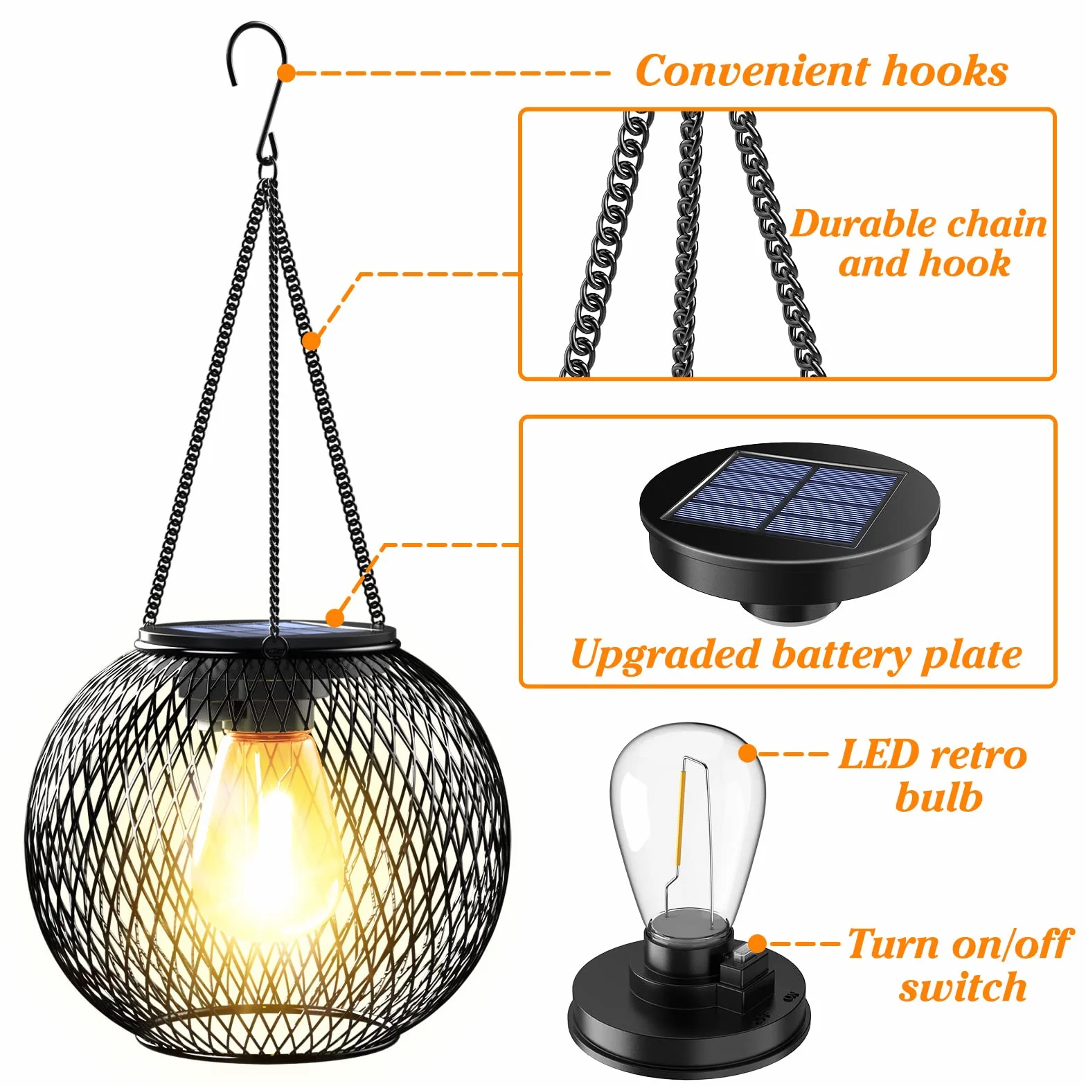 Lanterne Solaire Extérieur IP65 Lampe Suspendue Métal Jardin