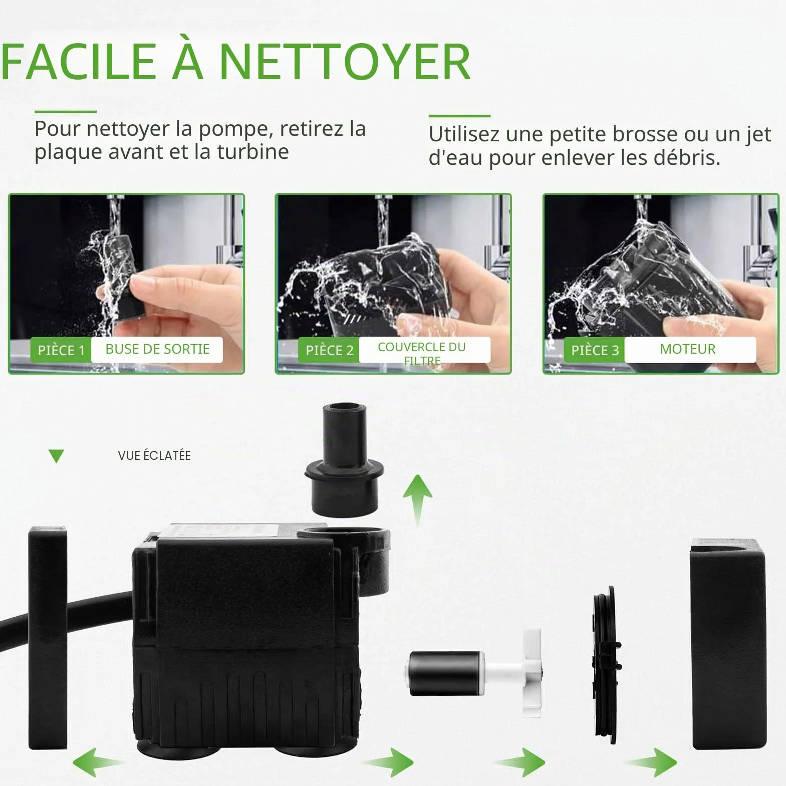 Pompe à eau aquarium silencieuse 350 L/H 5 W avec câble 1,5 m 2 buses fontaine
