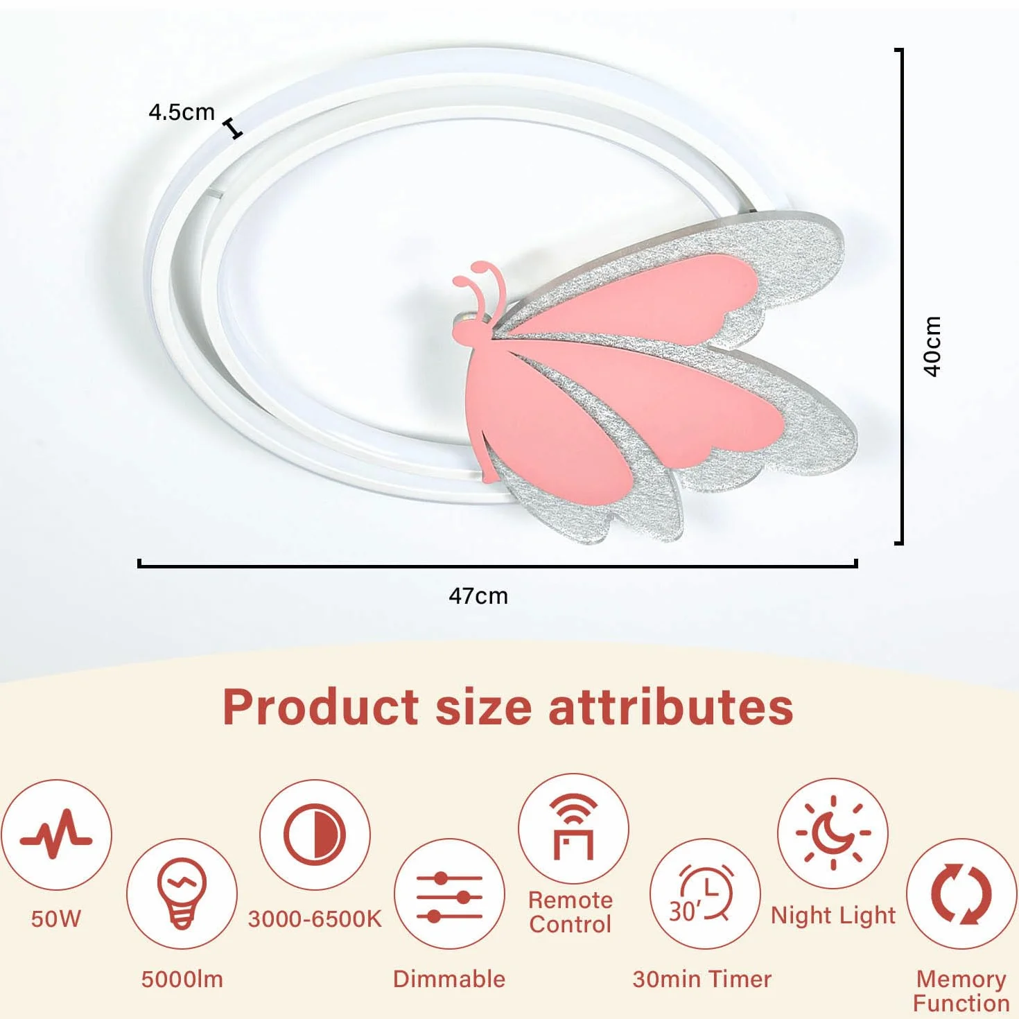 Plafonnier LED Papillon 48W avec Télécommande 4800lm Température Réglable 3000-6500K 47×40cm Métal