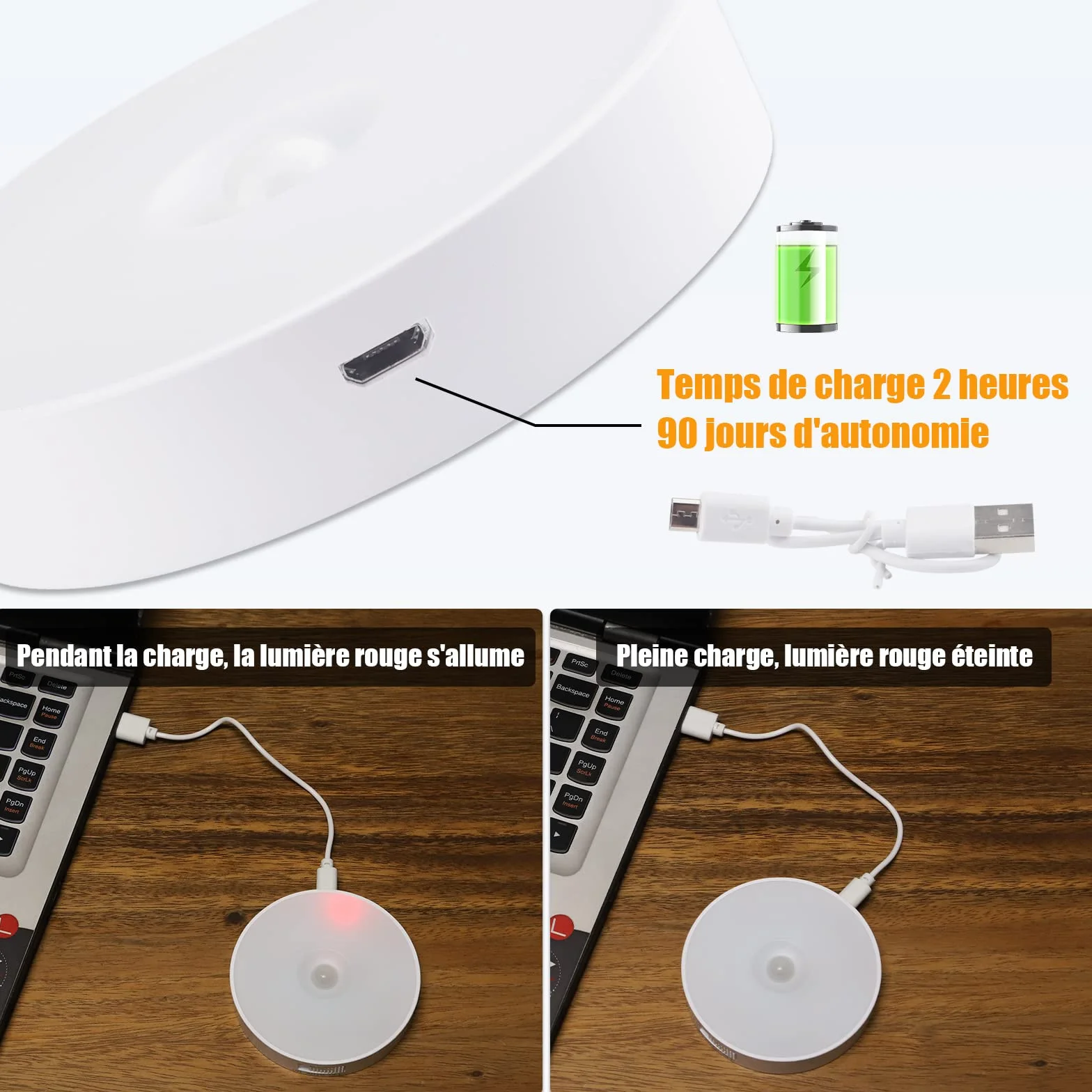 Veilleuse LED Automatique Rechargeable USB Lot de 3, Lampe Détecteur de Mouvement 6000K 8 LEDs 400mAh Base Magnétique