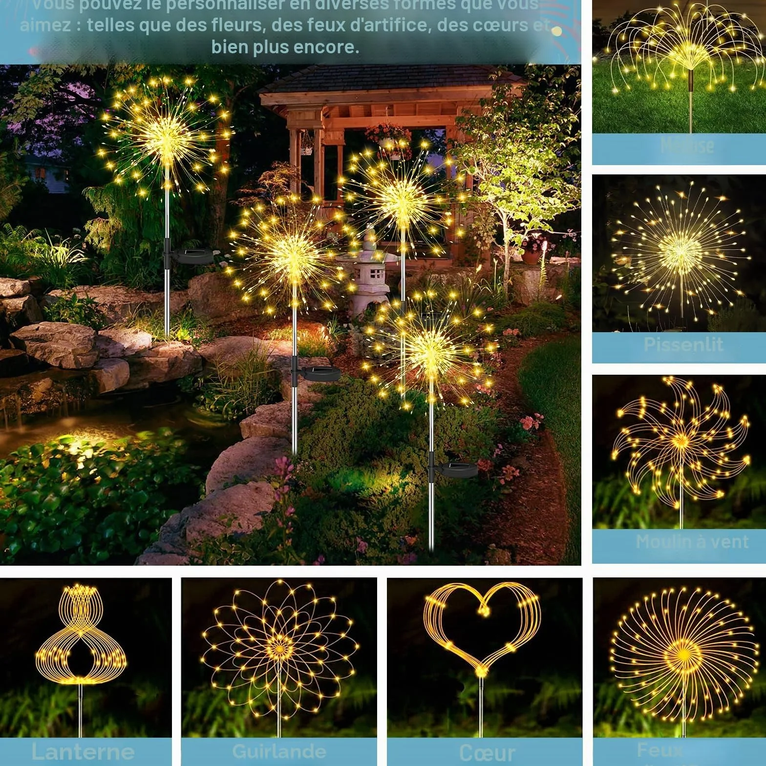 Lanterne Solaire Exterieur 4 Pièces 120 LED Blanc Chaud Étanche Pissenlit Décoration Jardin