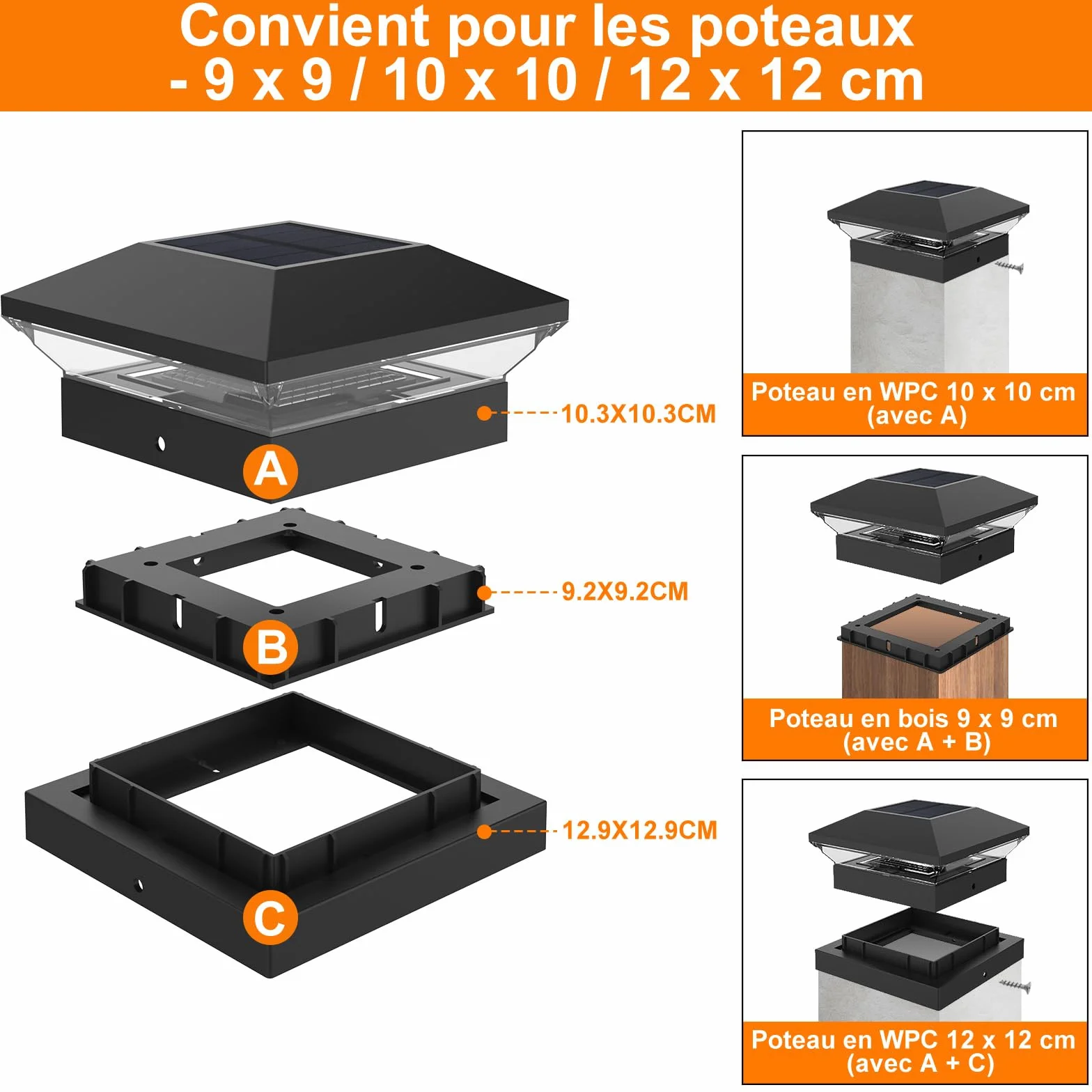 NATPOW Capuchon de Poteau Solaire IP65 3000K/6000K Lot de 2 Étanche Extérieure