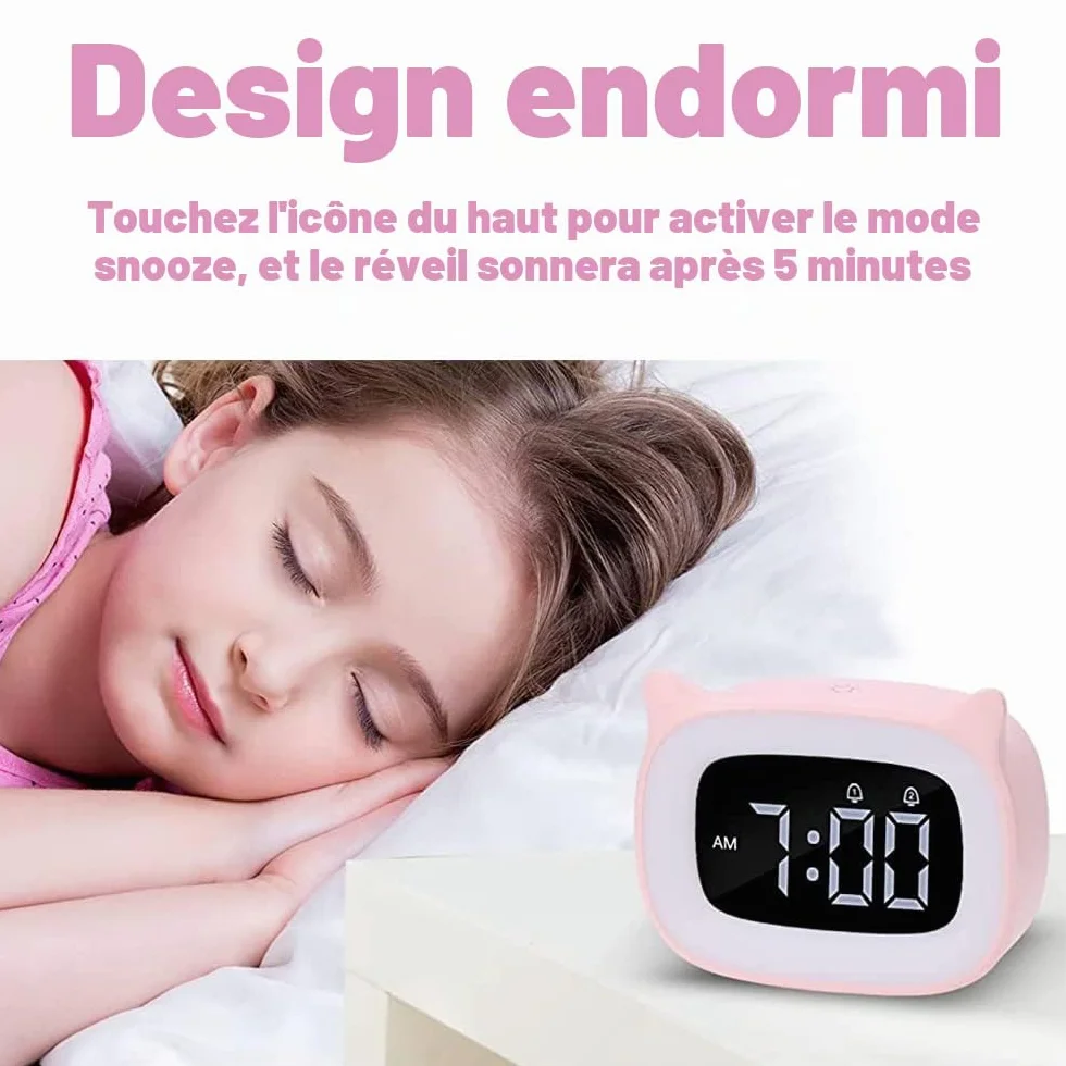 Réveil Enfant Éducatif Radio avec Veilleuse Jour/Nuit, Deux Alarmes, 18 Musiques, LED Numérique, Snooze, Rechargeable, Rosa