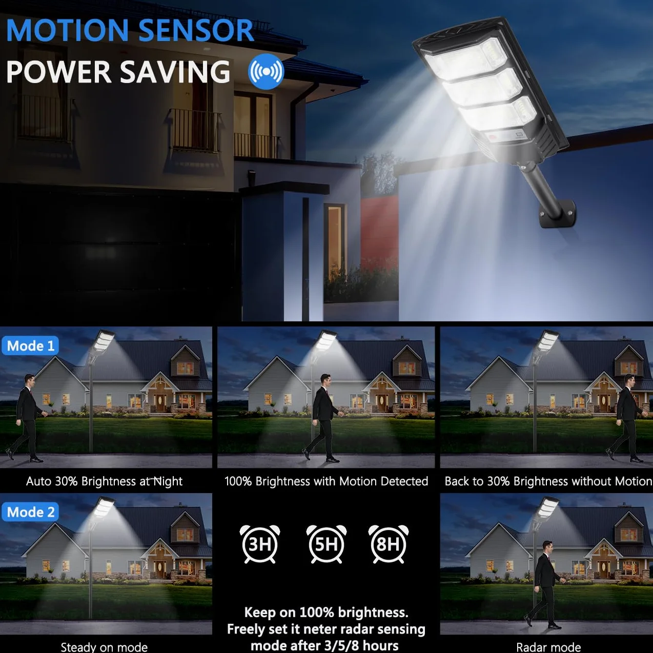 Lampadaires solaires extérieurs 8500K LED étanche mouvement détecteur télécommande sécurité