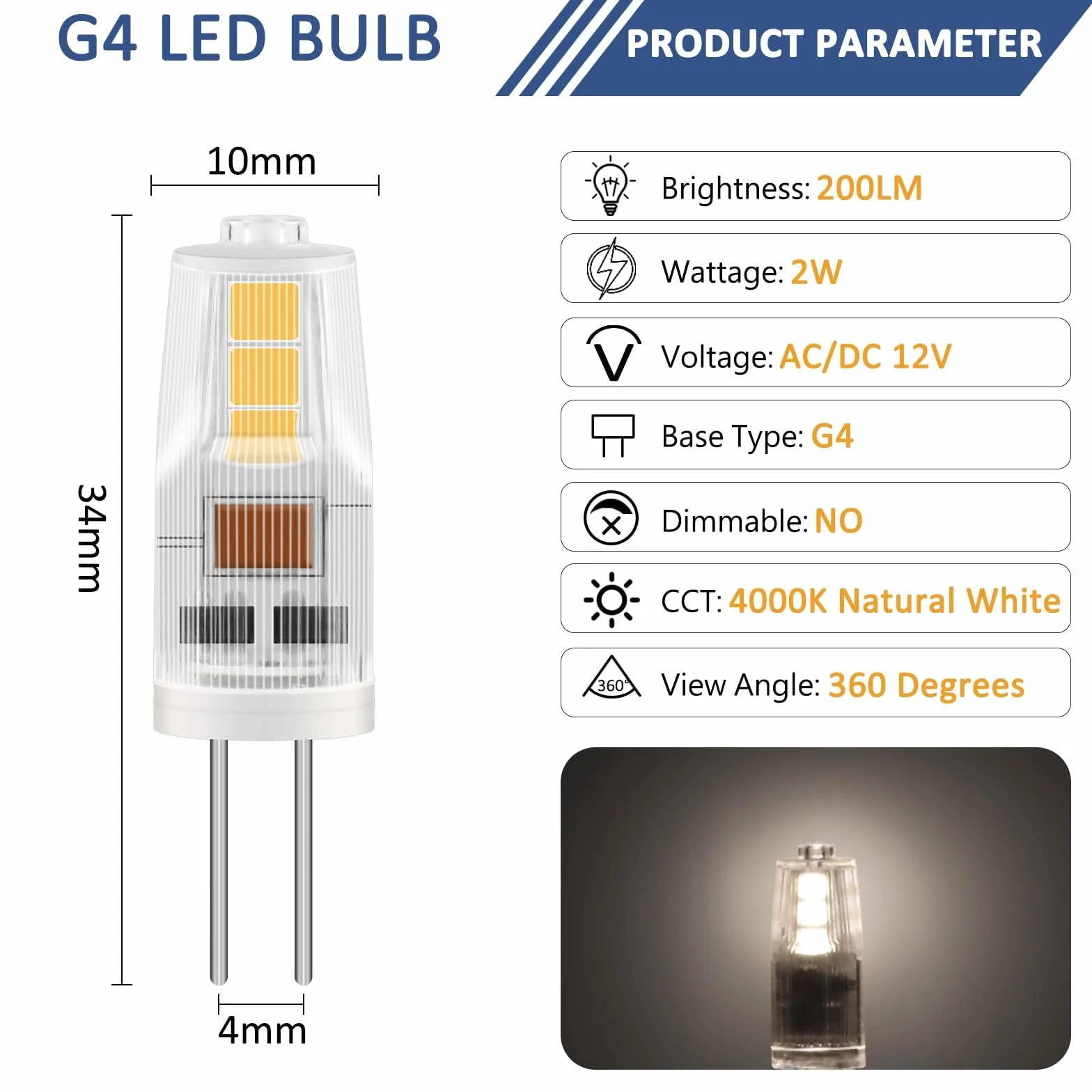 Ampoule G4 LED 2W 12V Équivalent 20W Blanc Neutre 4000K 200LM Non Dimmable