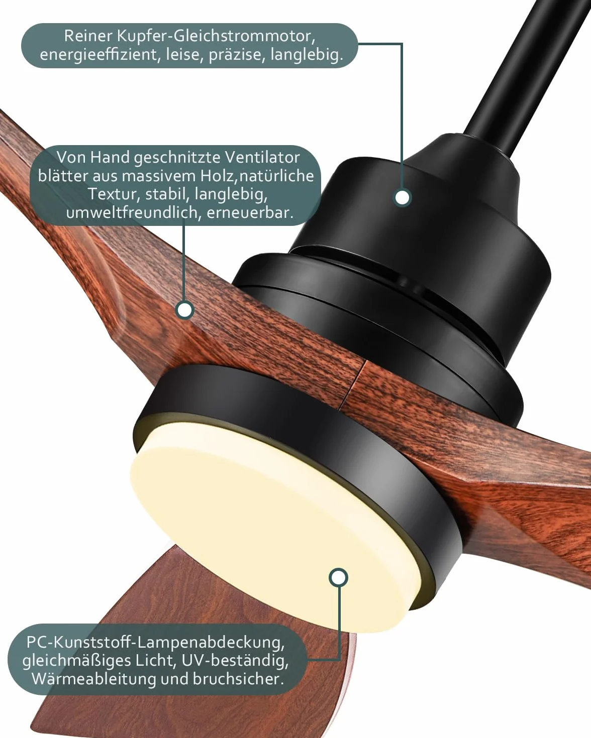 Ventilateur de plafond 132 cm avec lumière télécommande moteur DC réversible silencieux 3 pales bois design moderne