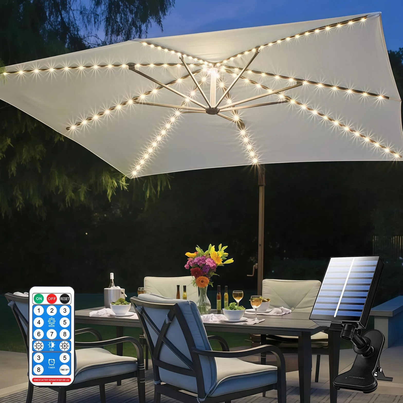 Guirlande lumineuse solaire pour parasol LED 104 LED IP67 étanche 8 modes télécommande