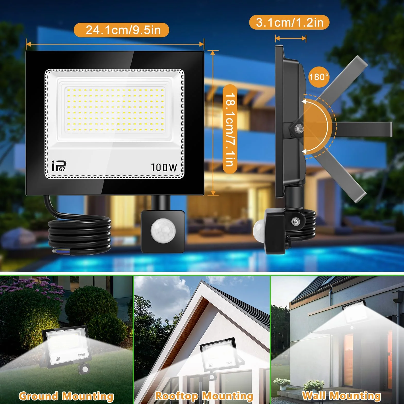 Projecteur LED 100 W extérieur 10 000 lm 7000 K IP67 avec détecteur de mouvement télécommande blanc froid