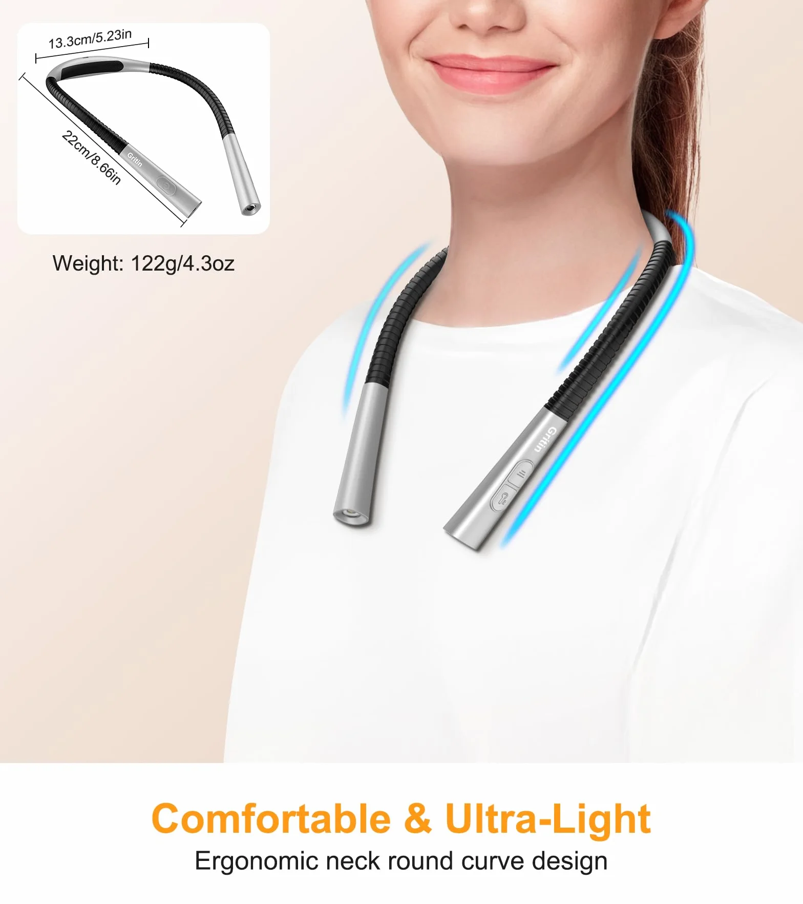 Gritin Lampe de Lecture de Cou Rechargeable, 4 Couleurs Protection des Yeux, 5 Luminosité, Gradation en Continu, Minuterie 30-min, 80H Autonomie
