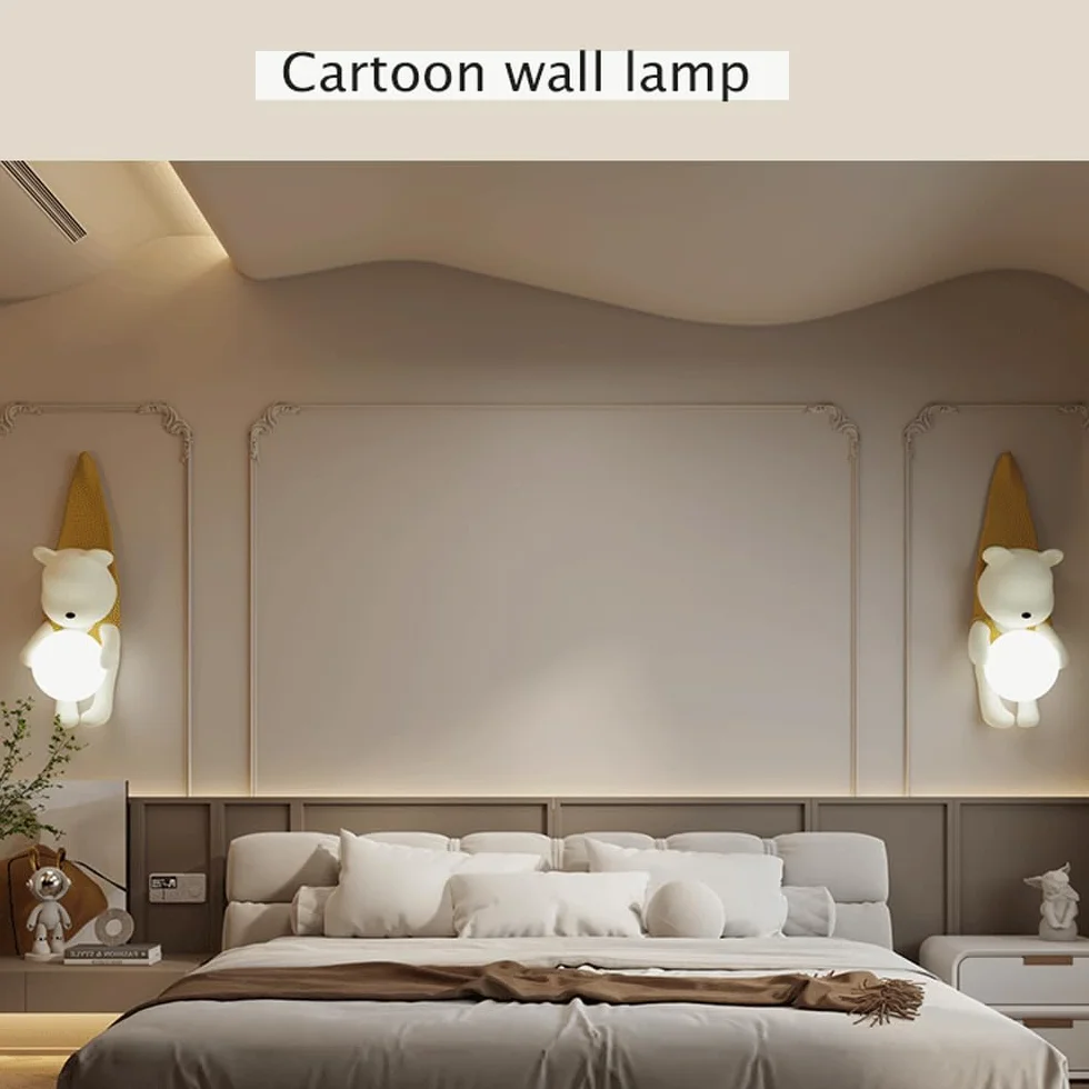 Applique murale ours dessin animé abat-jour verre résine rose jaune lampe chambre enfant