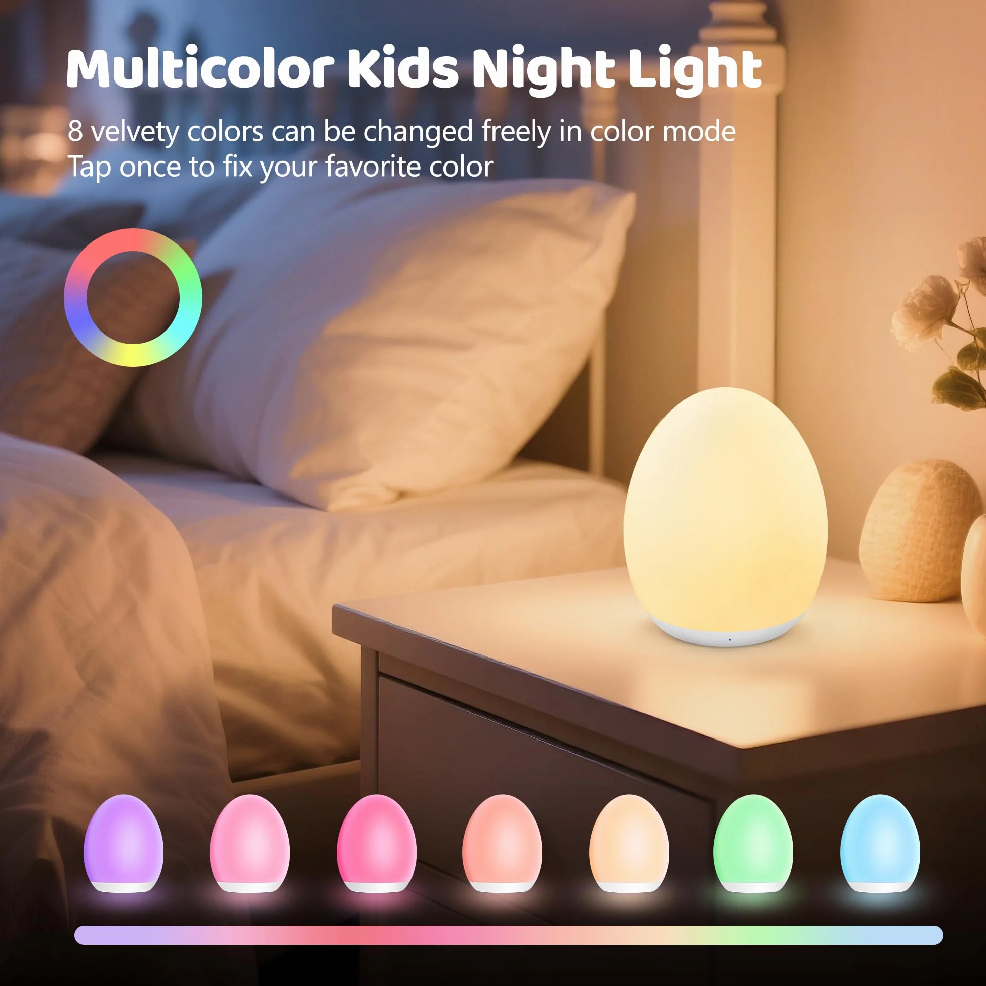 MediAcous Veilleuse LED Enfants Tactile 7 Couleurs USB Rechargeable Minuterie 1 Heure Cadeau