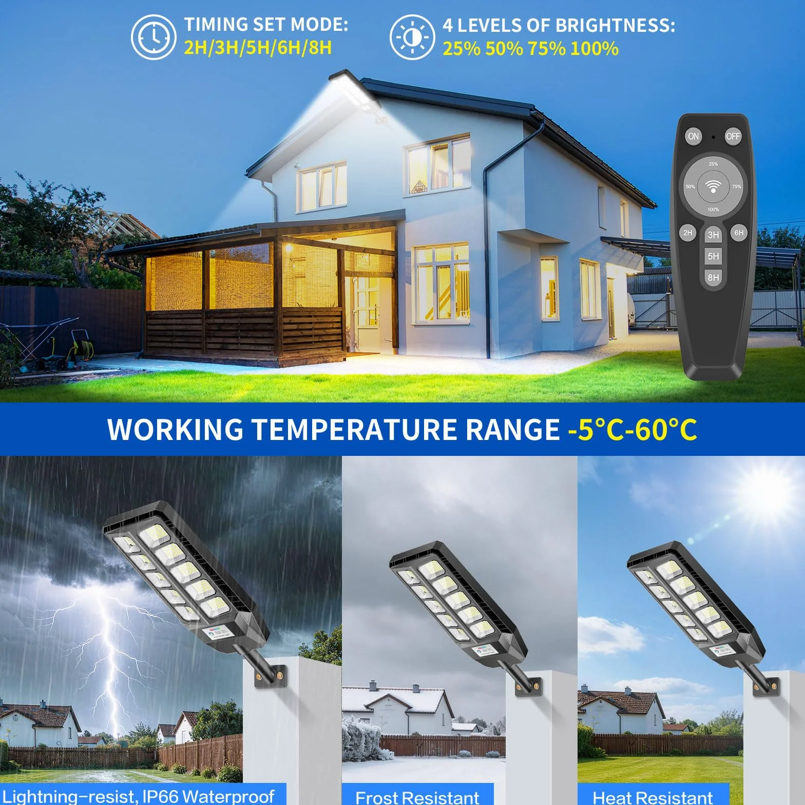 Adewalk Lampadaire solaire LED extérieur IP66 étanche avec télécommande capteur de mouvement 6500K