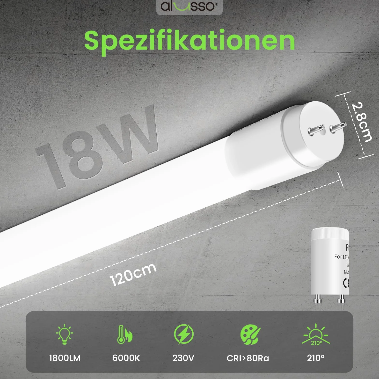 ALUSSO LED Röhre 120cm 6000K Kaltweiß T8 1800LM 18W G13 10er Pack