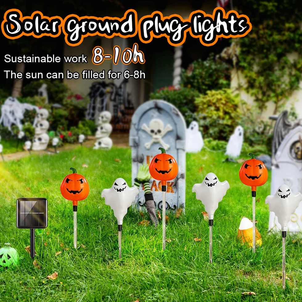 Décoration d'Halloween extérieure 6 pièces, lampes solaires LED, lanterne, pierre tombale