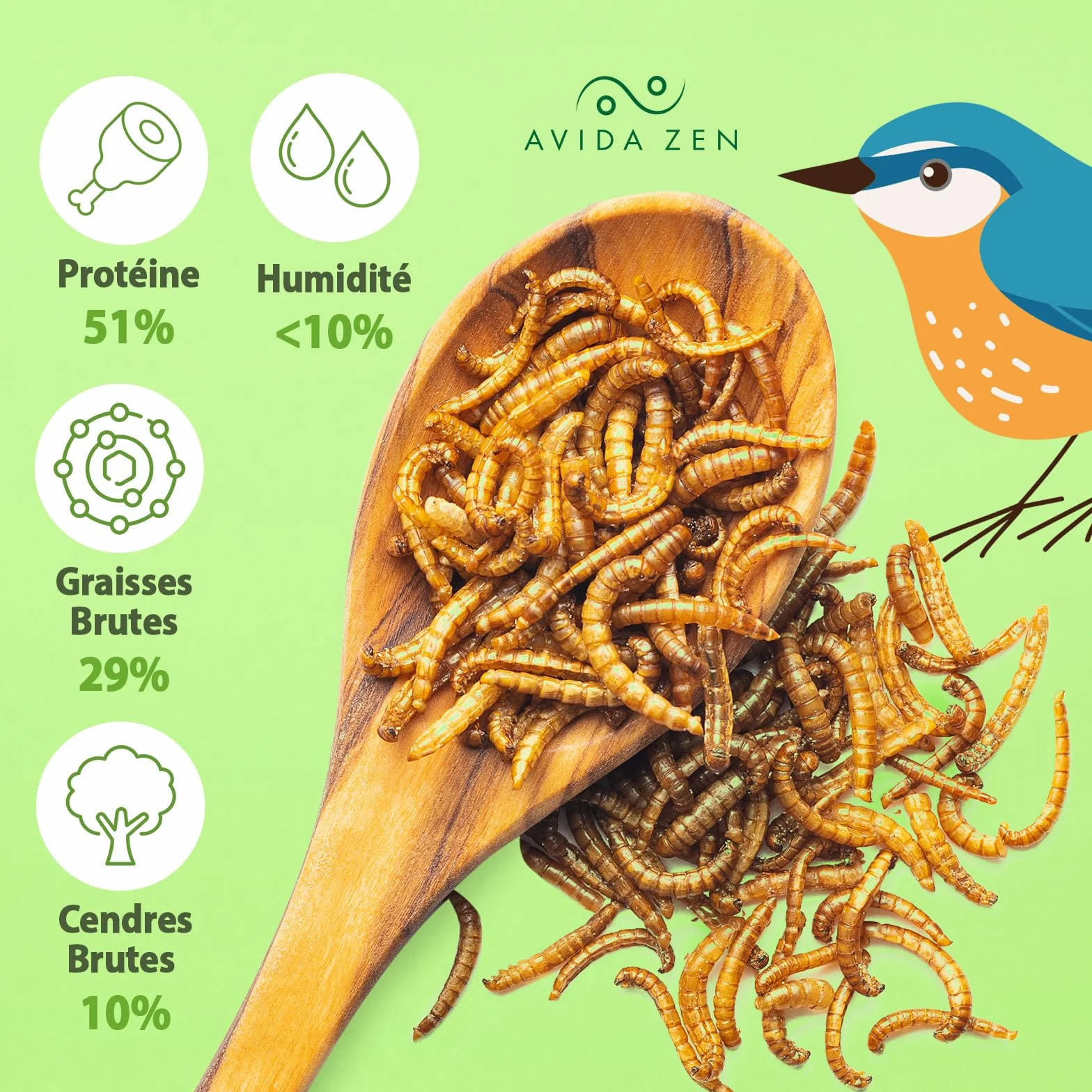 AVIDA ZEN Vers de Farine Séchés 800g - Friandises Naturelles pour Poissons, Oiseaux, Tortues, Rongeurs et Reptiles