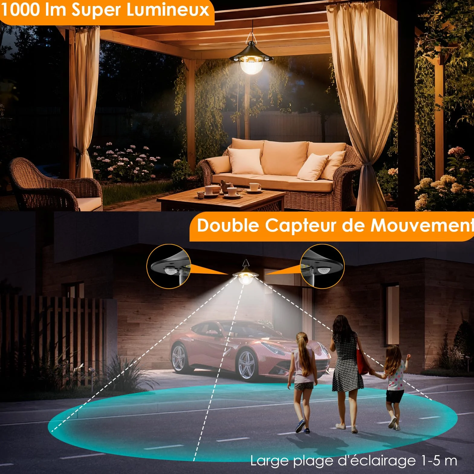 Lampe Solaire Exterieur IP65 Étanche 80 LED 2700K-6500K Détecteur de Mouvement Télécommande E27 Quntis Suspendue pour Pergola Jardin
