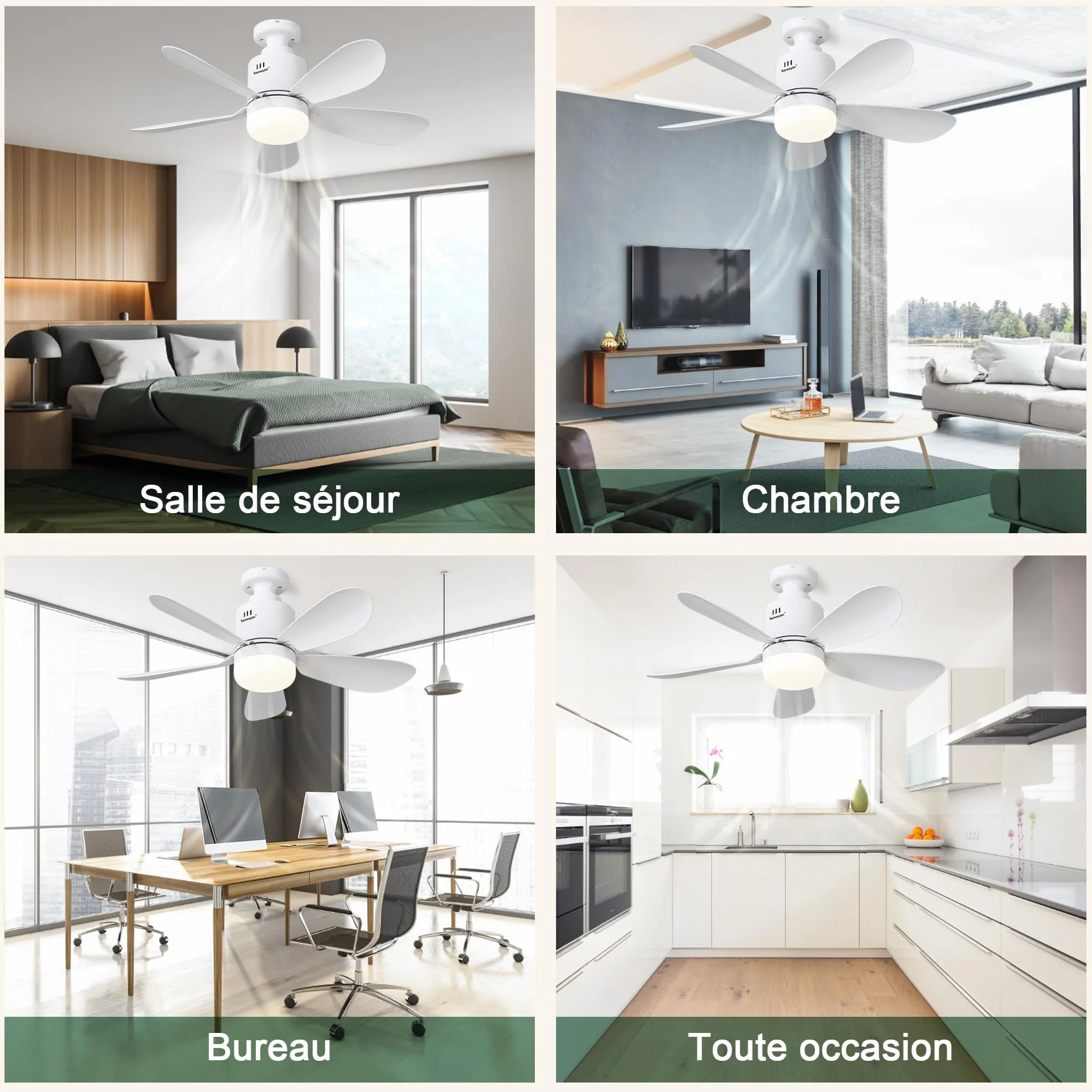 Ventilateur de Plafond avec Lumière et Télécommande, 53cm LED Dimmable 24W E27, 5 Pales, 4 Vitesses