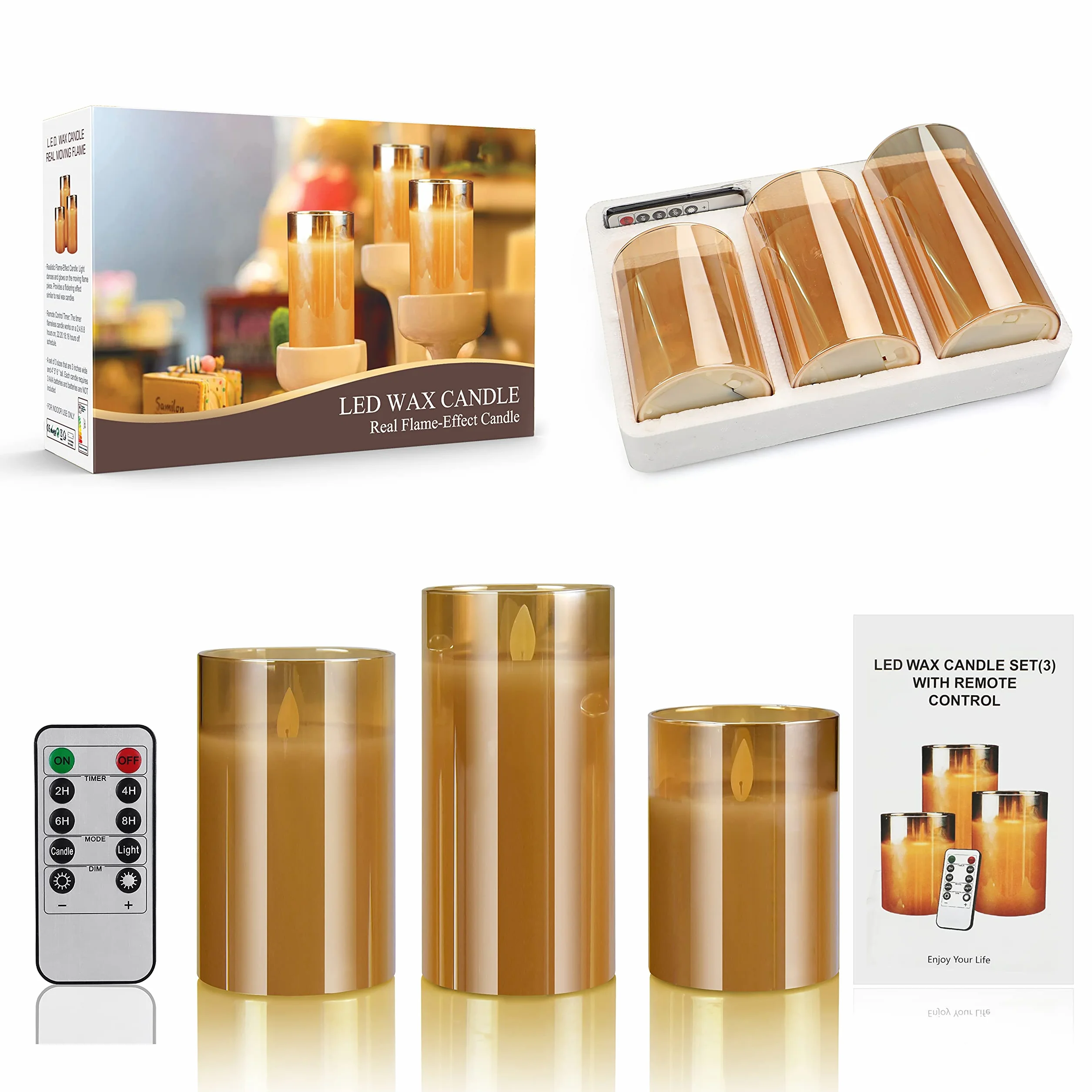 Bougies LED Sans Flamme 10-15cm Piliers Verre Doré avec Télécommande et Minuterie