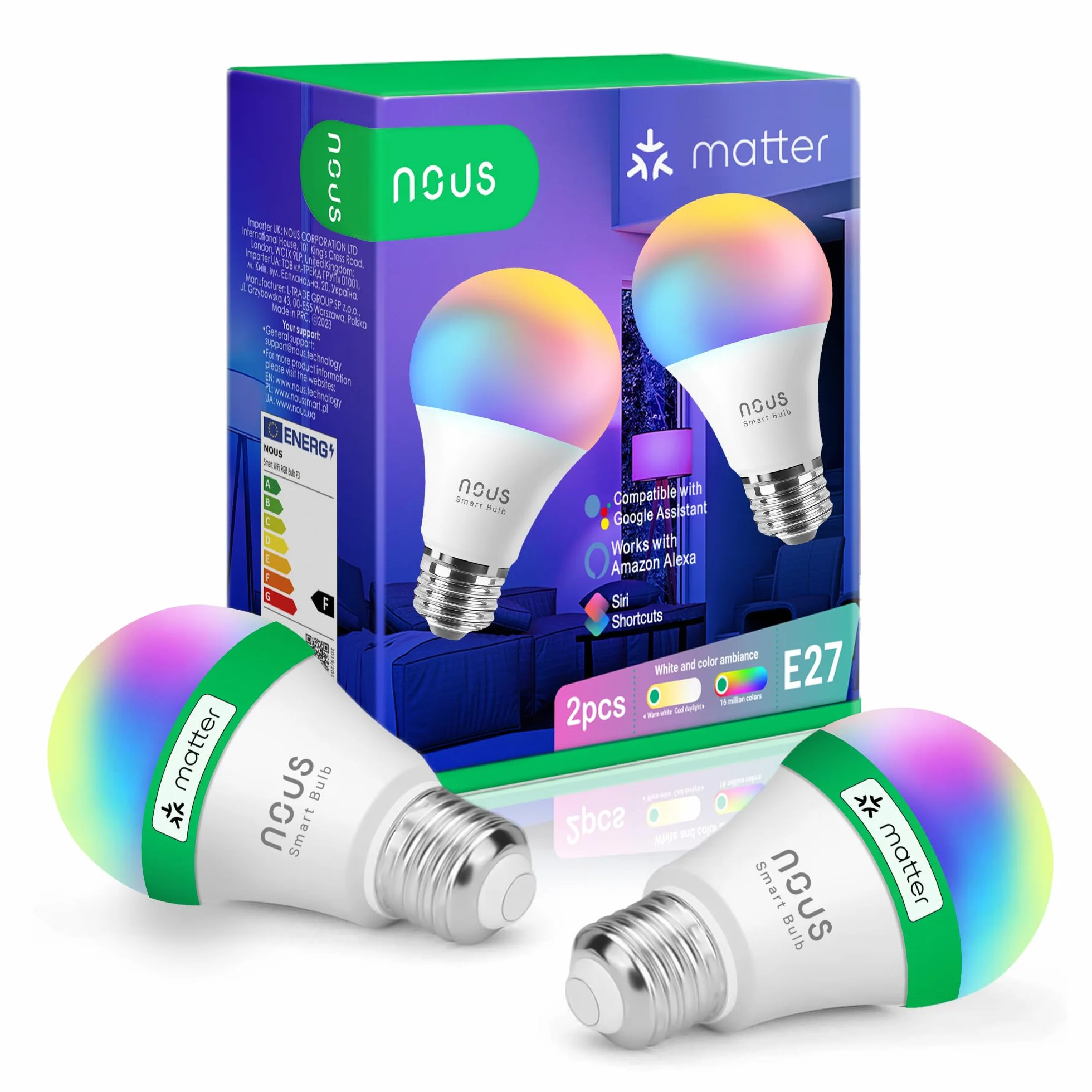 NOUS E27 RGB LED Ampoule Connectée WiFi Dimmable, Compatible Alexa Google Home