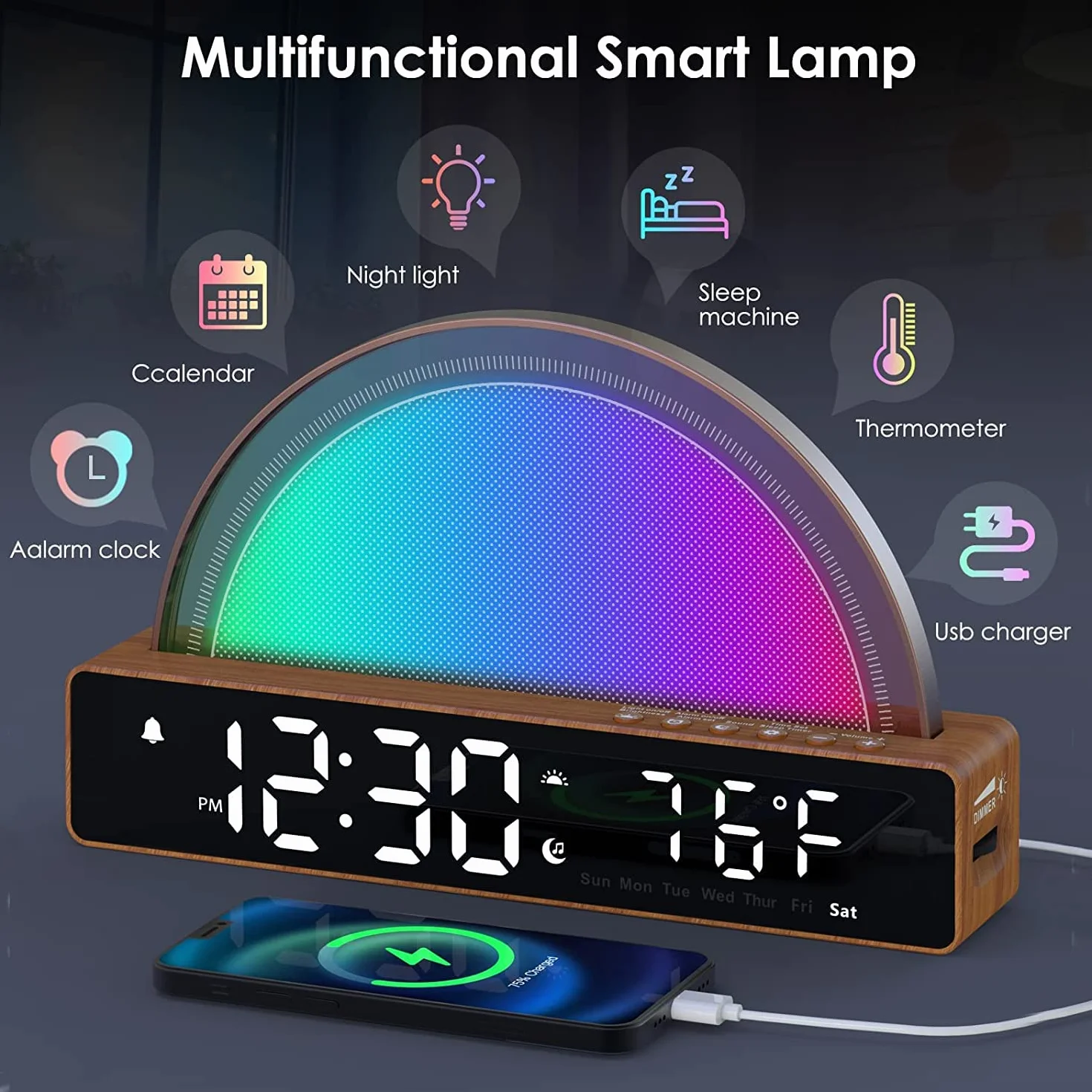 Réveil Lumineux Simulation Lever du Soleil Snooze 6 Sonneries 10 Sons Sommeil Minuterie Affichage Température 7 Couleurs Changeantes