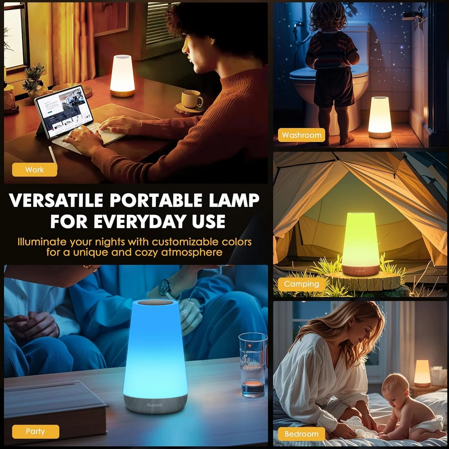 Auxmir Lampe de Chevet Tactile RGB 13 Couleurs 2500mAh Rechargeable USB sans Fil Télécommande