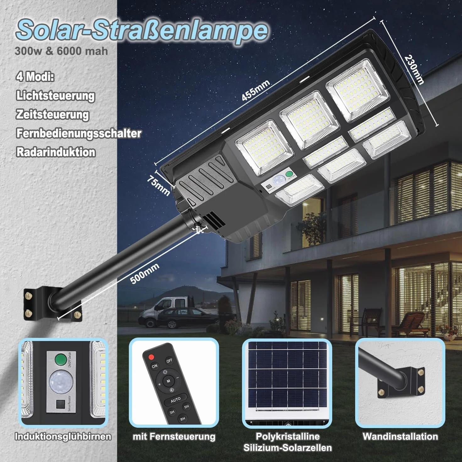 Lampadaire solaire de rue 300 W LED extérieur 6500 K Blanc froid IP65 avec télécommande