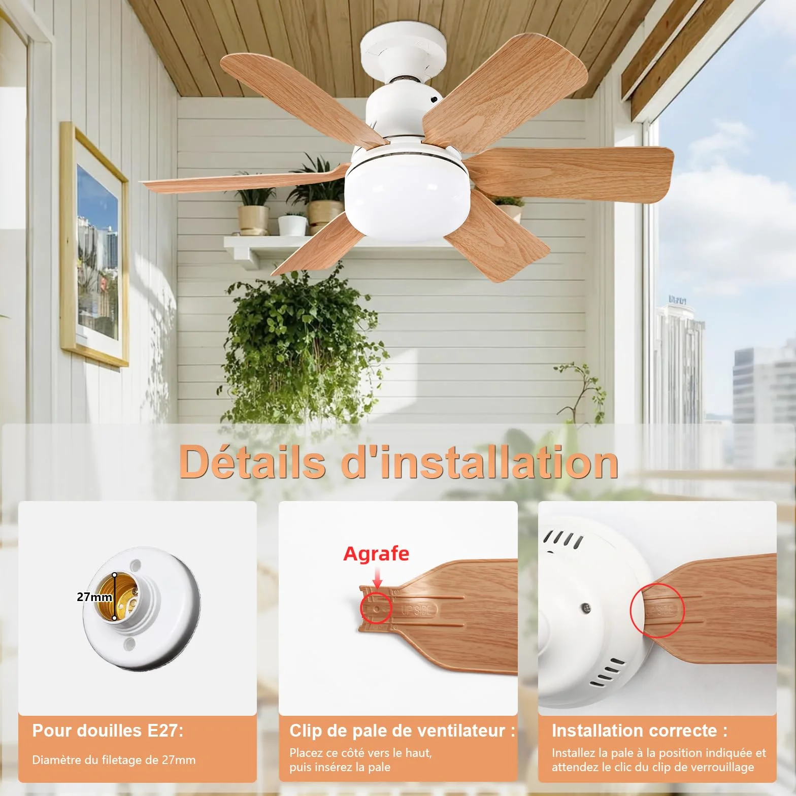 Ventilateur Plafond avec Lumiere 51CM Télécommande 3 Vitesses Réglage Luminosité Température Couleur Bois