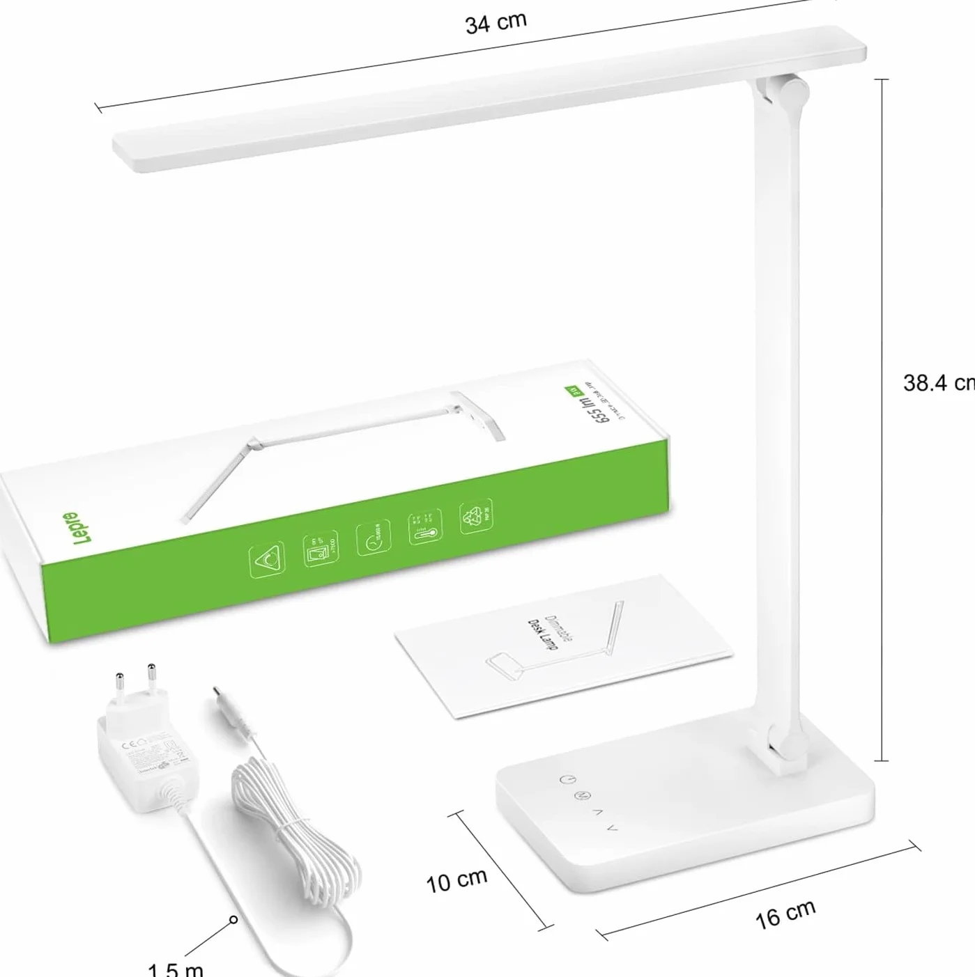 Lepro Lampe de Bureau 800 lm, 5 Modes Couleur, 5 Niveaux Luminosité Dimmable, Anti-Éblouissement, Contrôle Tactile, Blanc