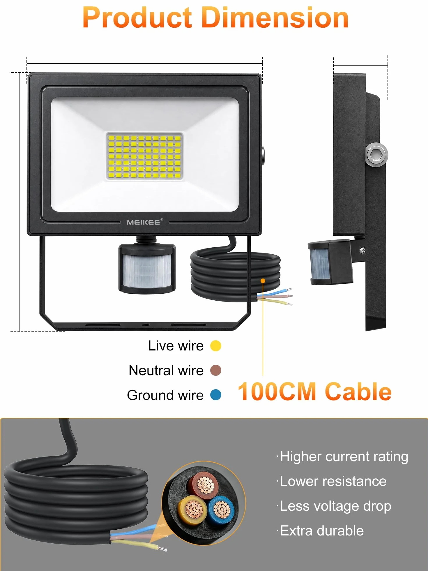 MEIKEE Projecteur LED Extérieur 60W 5640LM 6500K Blanc Froid Détecteur de Mouvement IP66 Étanche Télécommande 4 Modes