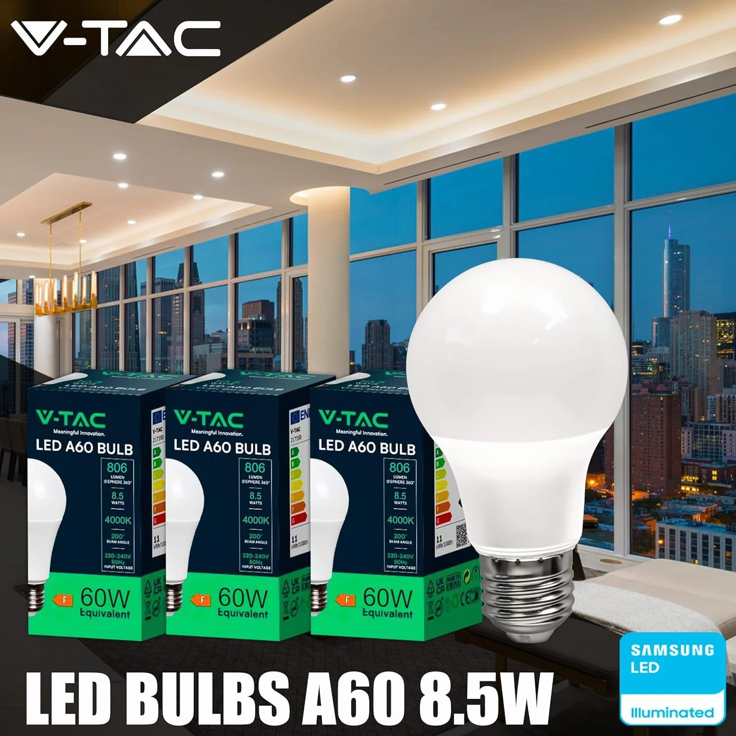 V-TAC Ampoule LED E27 8,5W Equivalent 60W A60 806 Lumen 6500K Blanc Froid