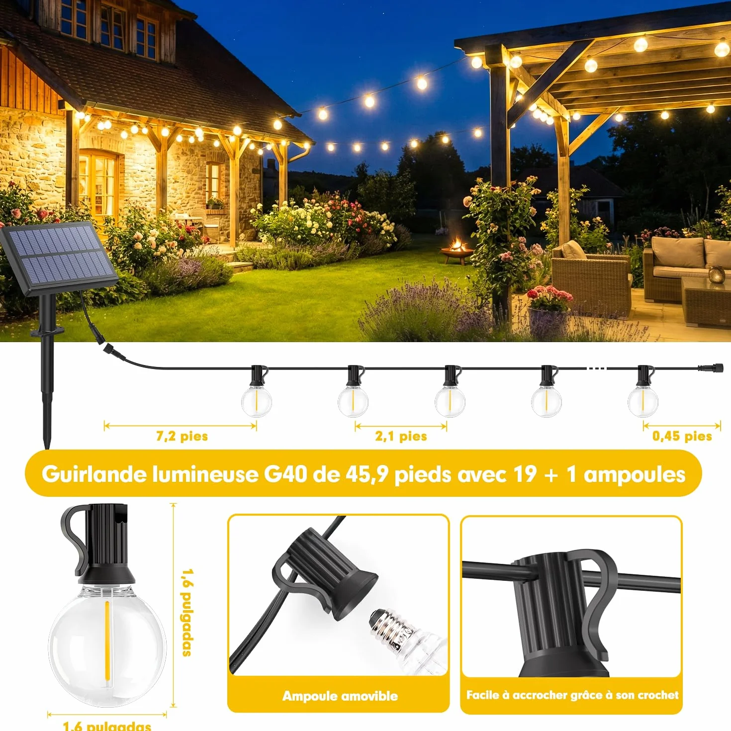 Guirlandes Lumineuses Solaires Extérieur G40 45.9ft LED 14M avec Télécommande Jardin Balcon