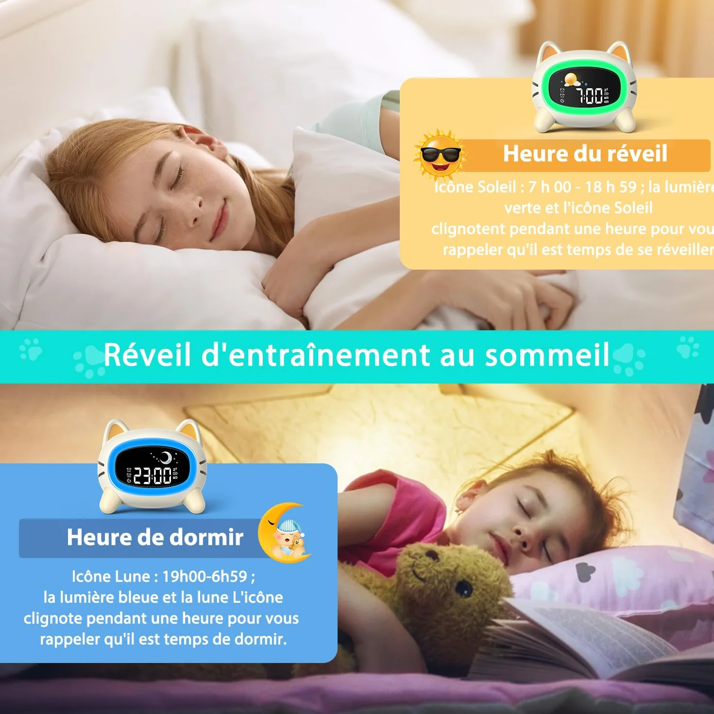 Réveil Enfant Éducatif Jour/Nuit avec LED 5 Couleurs, 7 Musiques, Deux Alarmes, Rechargeable USB Chat