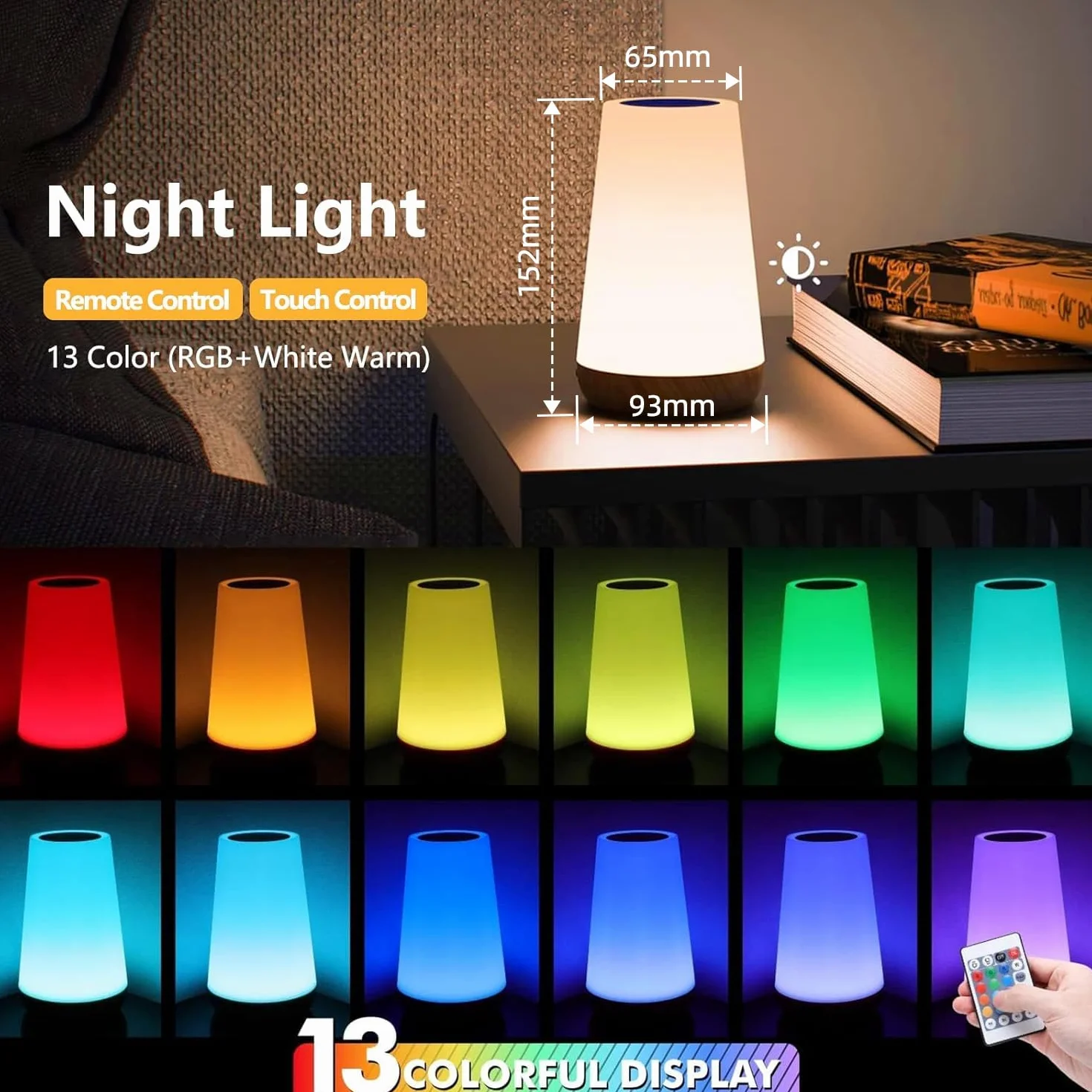 Lampe de Chevet LED Rechargeable 13 Couleurs 5 Niveaux Tactile Veilleuse Sans Fil Enfant