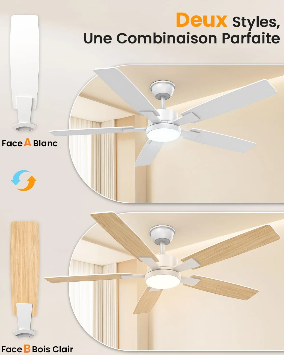 Ventilateur Plafond avec Lumiere 132cm Silencieux Reversible 2 Couleurs Pales LED Telecommande Exterieur