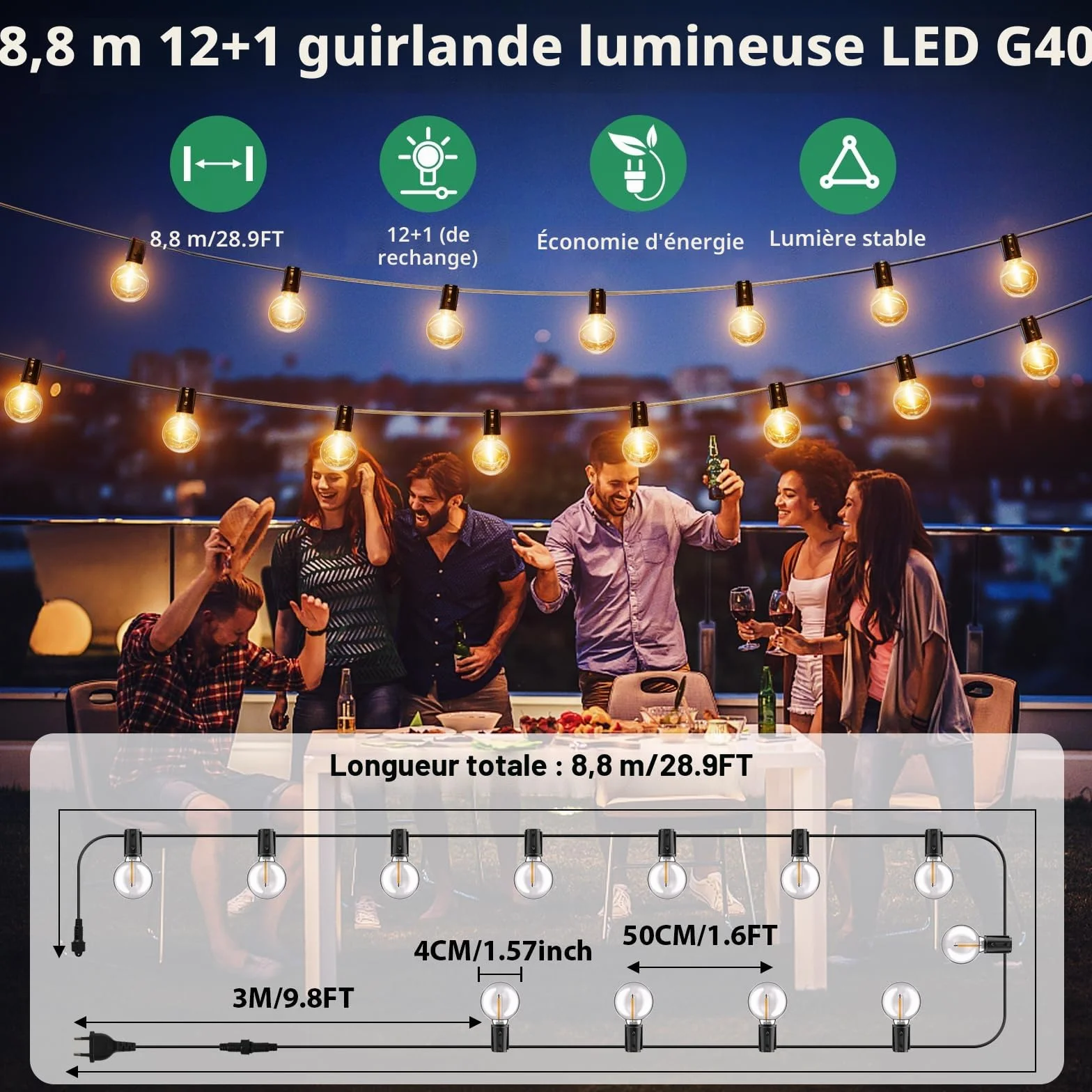 FIFlying Guirlande Guinguette Exterieur 9M/29FT G40 12+1 LED Lumineuse 2700K Blanc Chaud Imperméable