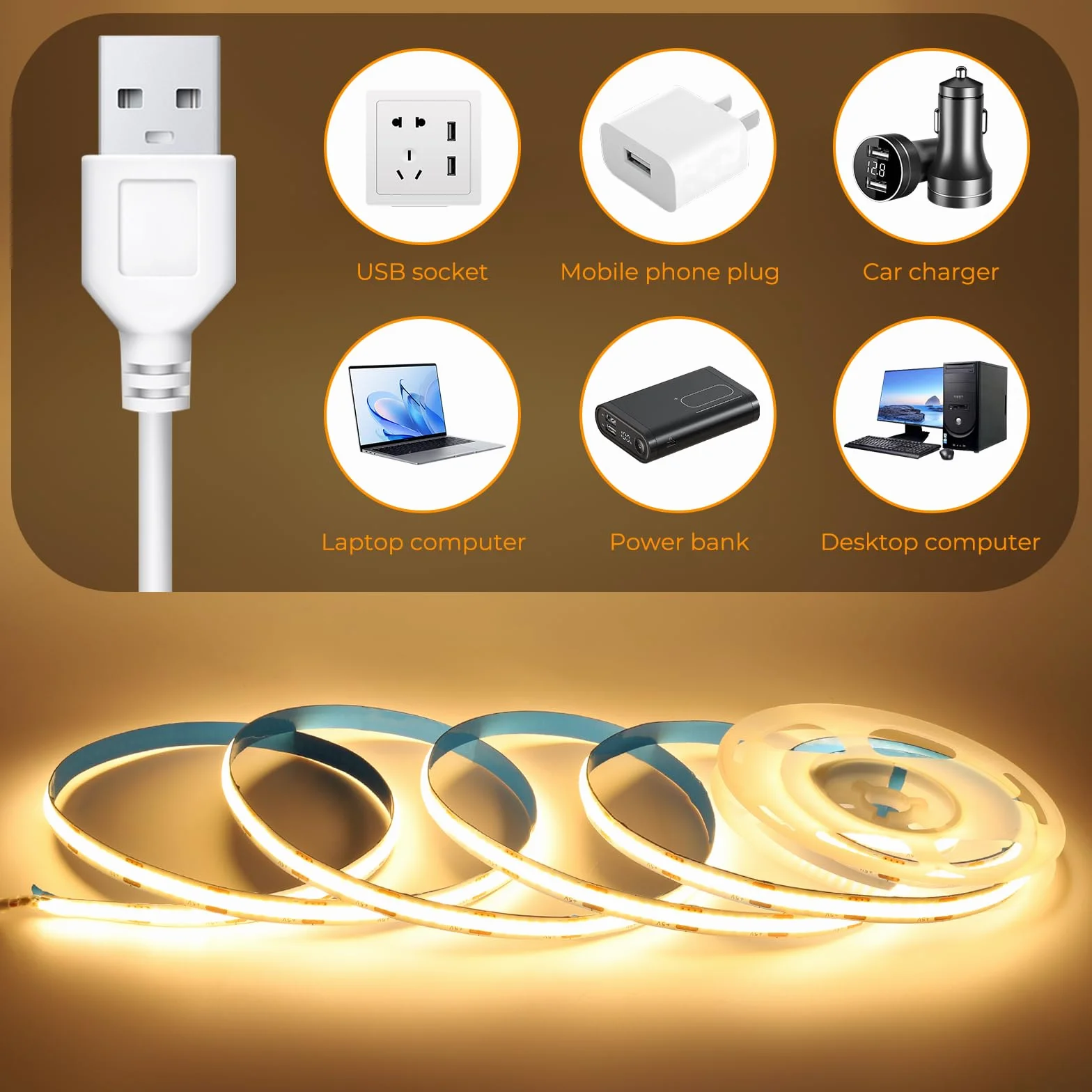 Ruban LED COB USB 5V 8mm Blanc Naturel 4000K IRC92 Flexible Sans Point