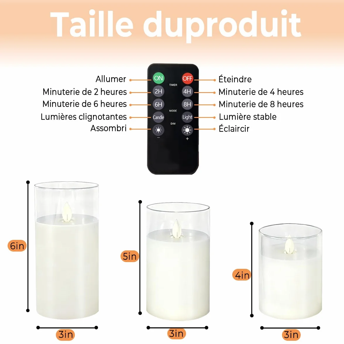 Bougies LED Rechargeables Flamme Vacillante Sans Fil, Télécommande Minuterie 2/4/6/8h, Lot de 3 Verre Transparent Blanc