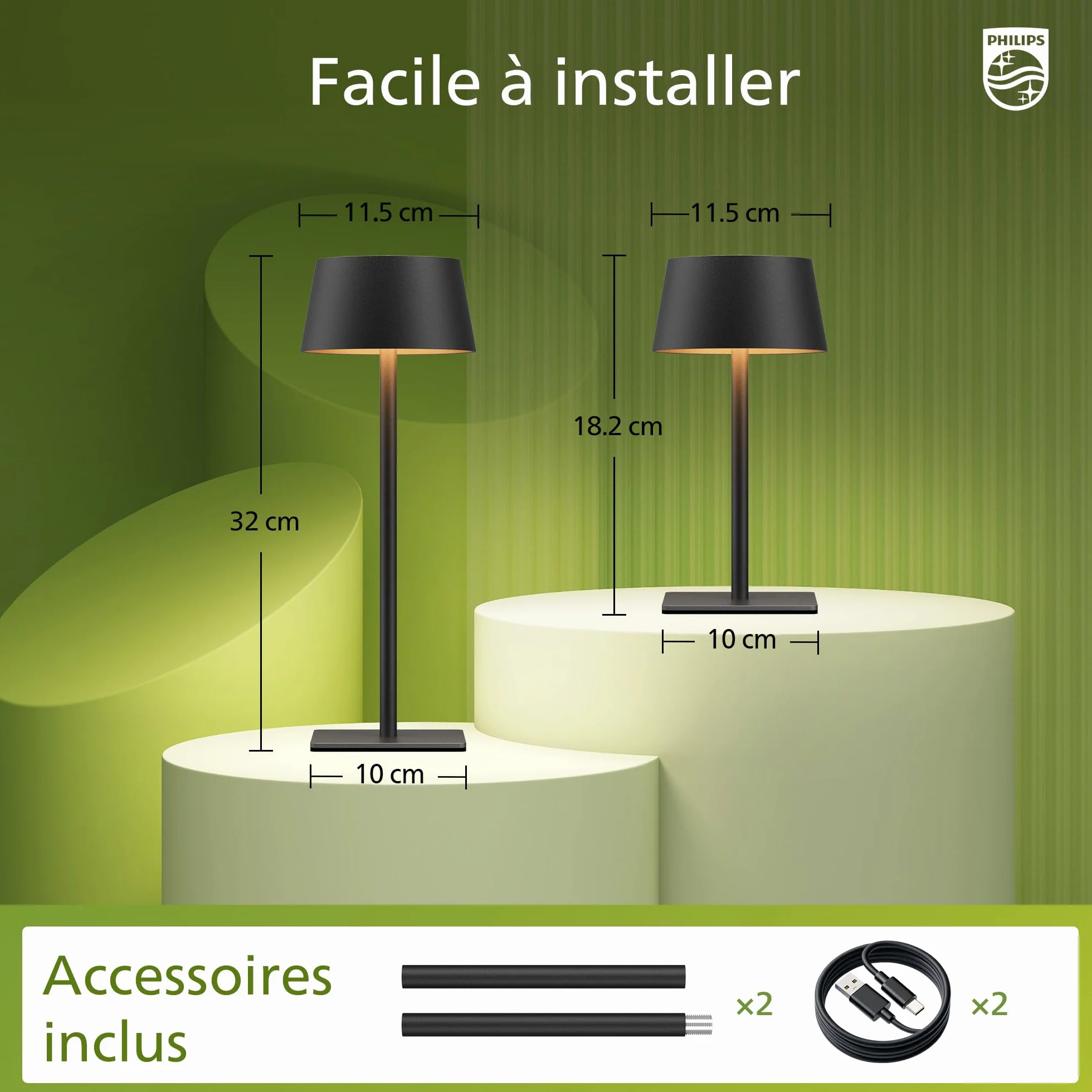 Philips Lampe de Table Solaire d'Extérieur LED Portable Sans Fil Batterie Hauteur Réglable 2 Positions Gradation Continue