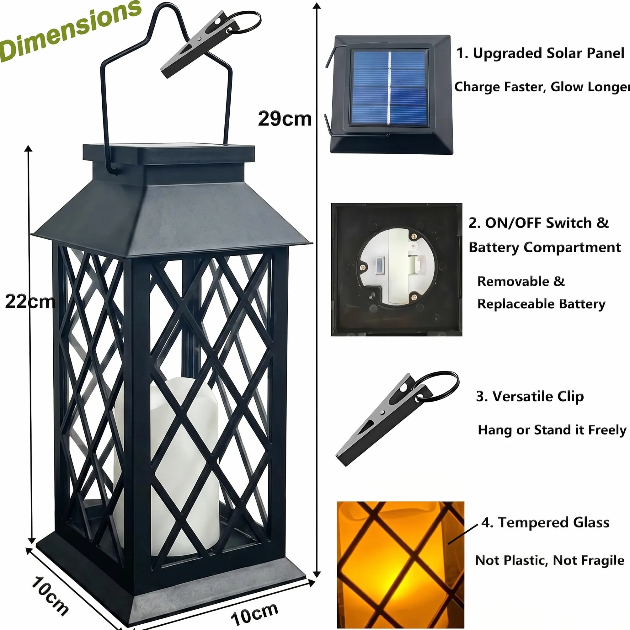Cozymeow Lanterne Solaire Exterieur 2 Pièces Verre Trempé Étanche Jardin Décoration Terrasse Balcon Cimetière Pergola Noir