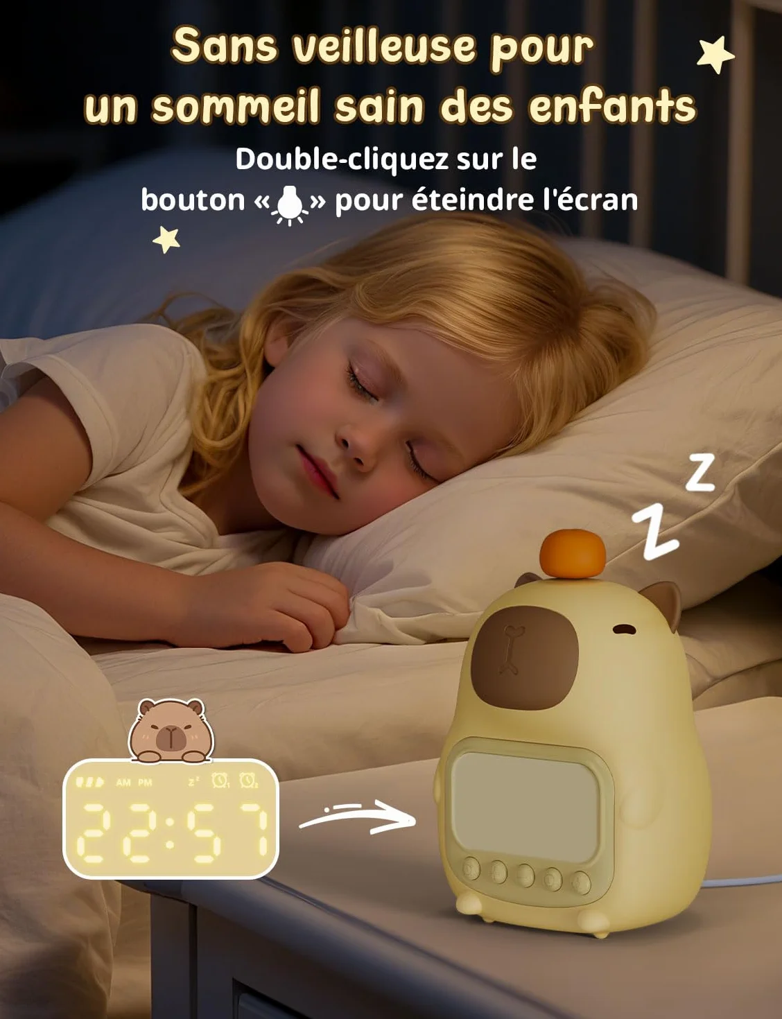 YISSVIC Réveil Enfants Capybara Veilleuse Silicone 2 Alarmes Fonction Répétition Affichage 12/24h Horloge Chevet