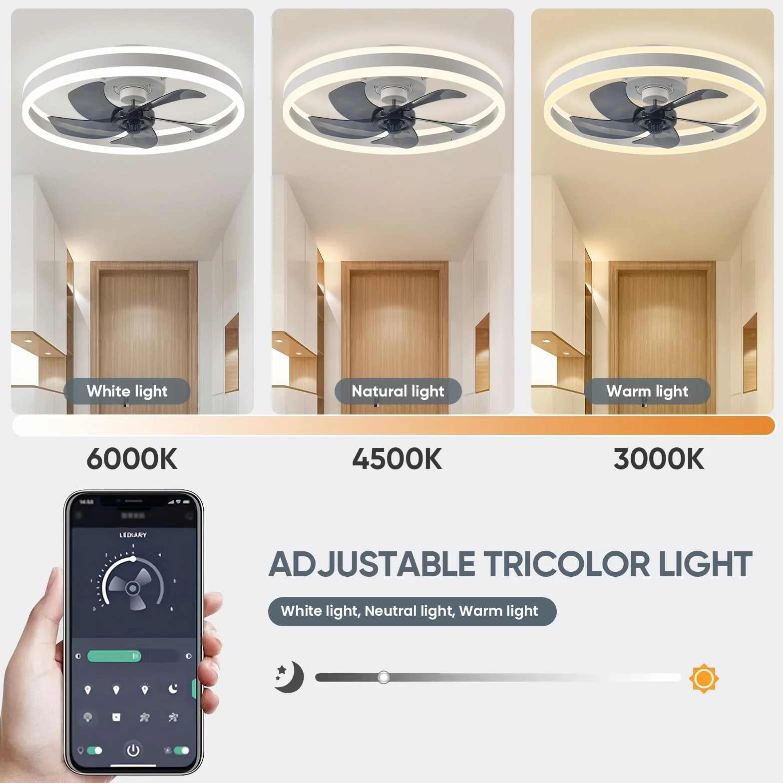 Ventilateur de Plafond Silencieux 50cm avec Lumiere et Telecommande, 6 Vitesses, LED Dimmable, 3 Températures de Couleur