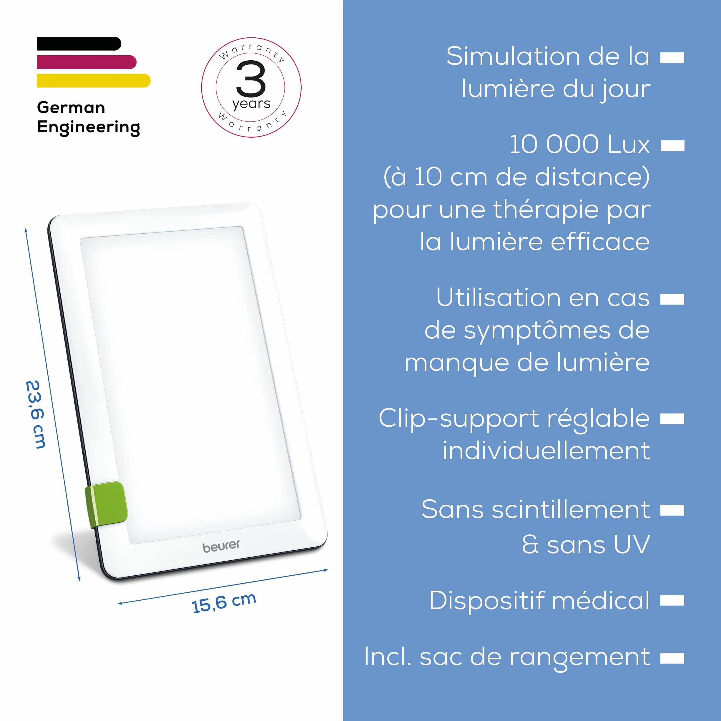 Beurer TL 30 Lampe de luminothérapie 10 000 lux simulation lumière du jour compacte avec support
