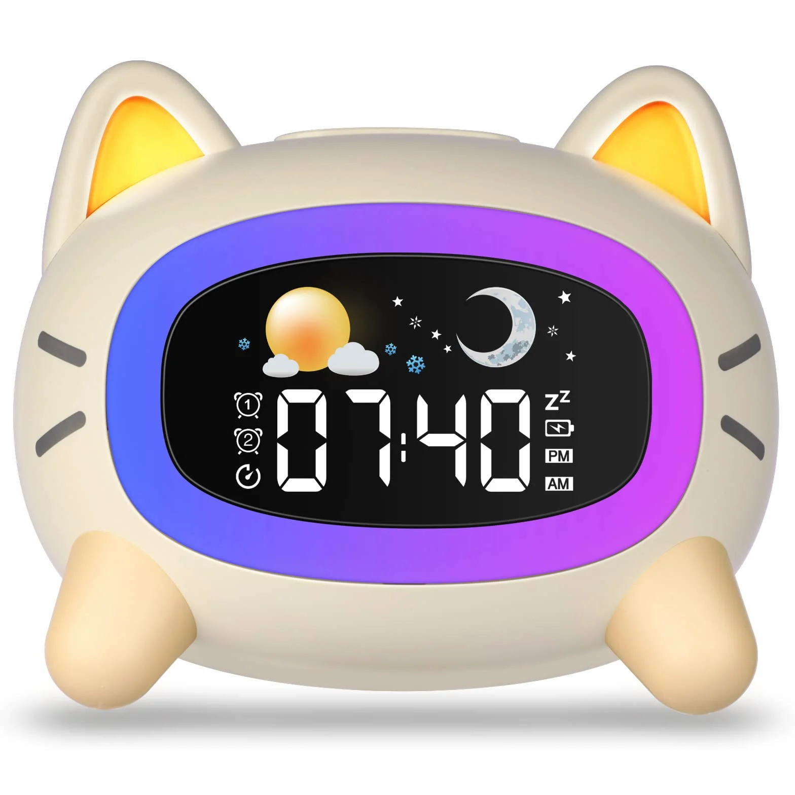 Réveils Lumineux pour Enfants avec 5 Veilleuses, 4 Niveaux de Lumière Réglables et 7 Musiques de Sommeil, Réveil Rechargeable avec Snooze