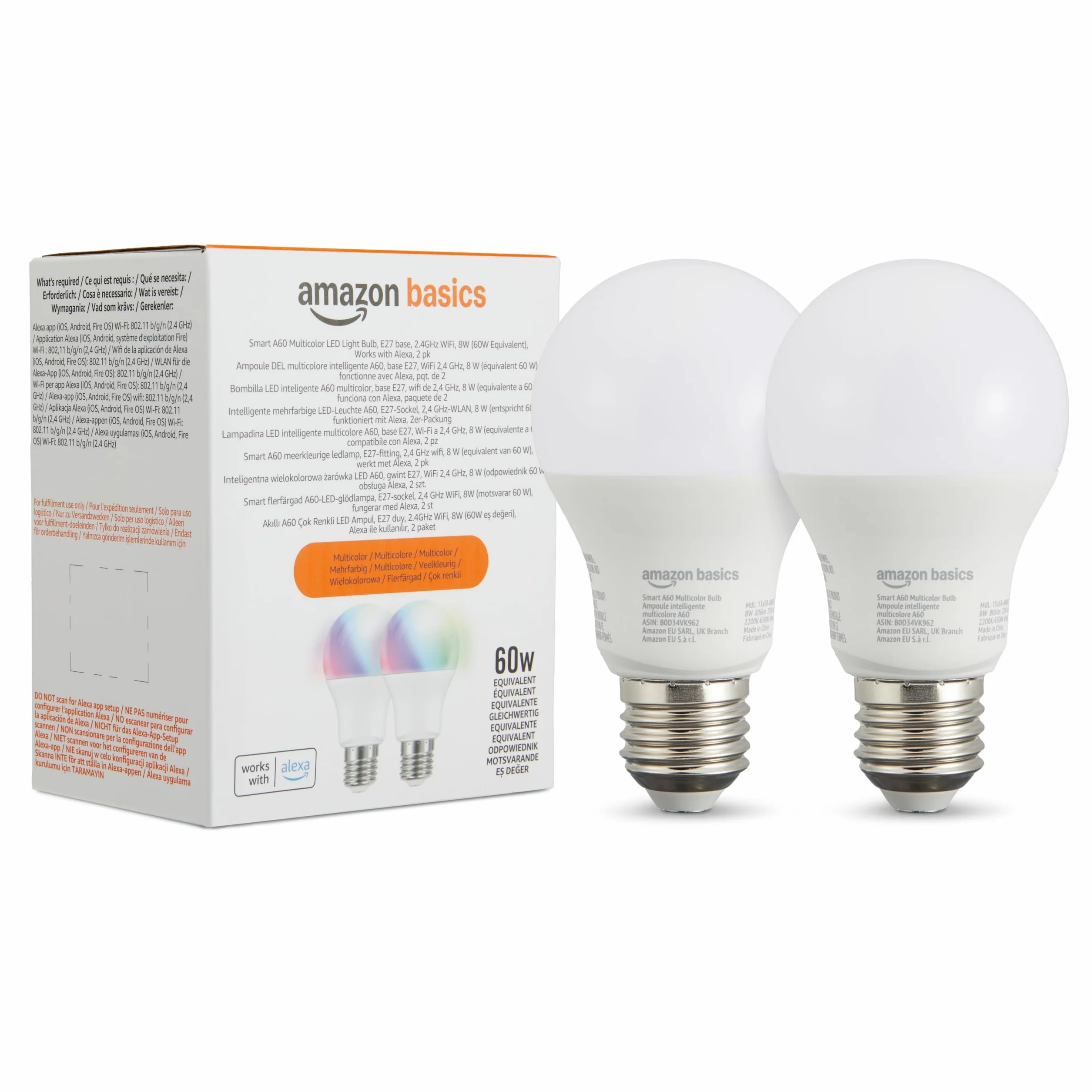 Amazon Basics Smart Ampoule LED multicolore E27 8W équivalent 60W compatible Alexa 2 pièces